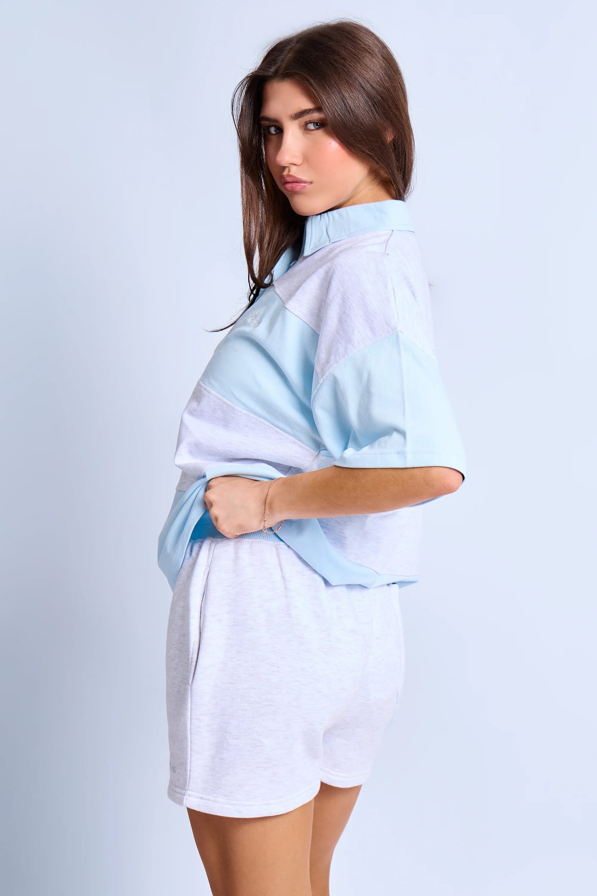 Kaiia Kaiia Striped Short Sleeve Oversized Rugby Style Top Light Blue & Grey Marl - 4