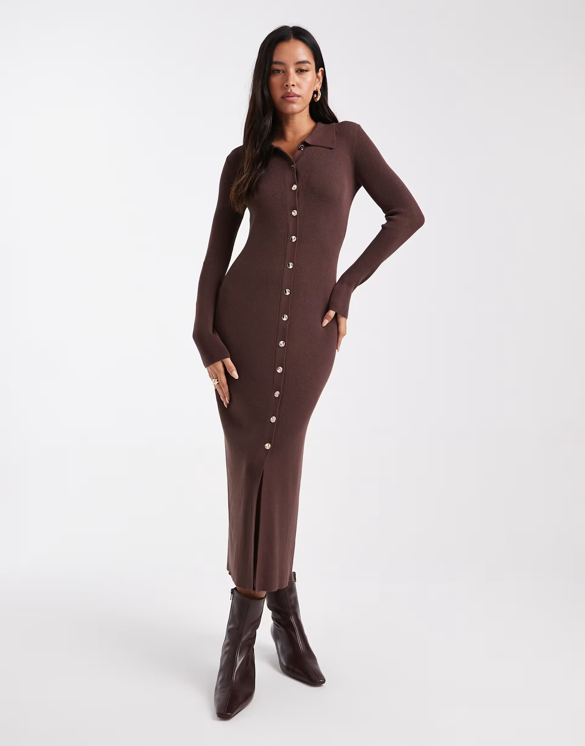 ASOS 4th & Reckless ribbed knit gold button through collared maxi dress in chocolate