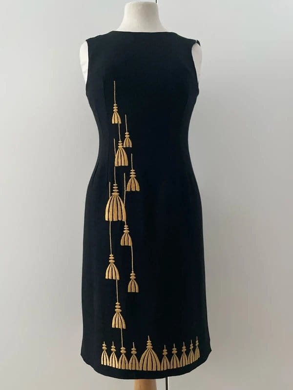 Vintage Black Sleeveless Knee-Length Dress with Gold Details