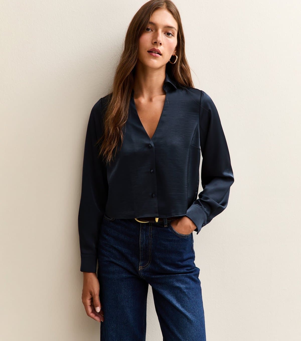 New Look New Look Navy Satin Crop Shirt