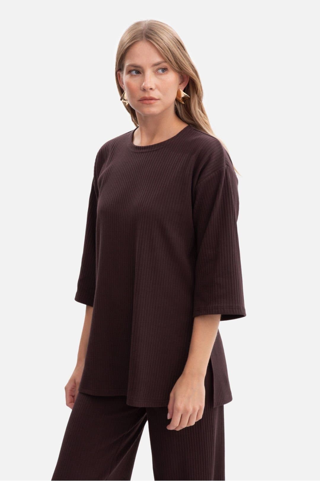 Love Lace Love Lace Brown Ribbed Oversized Pullover Blouse