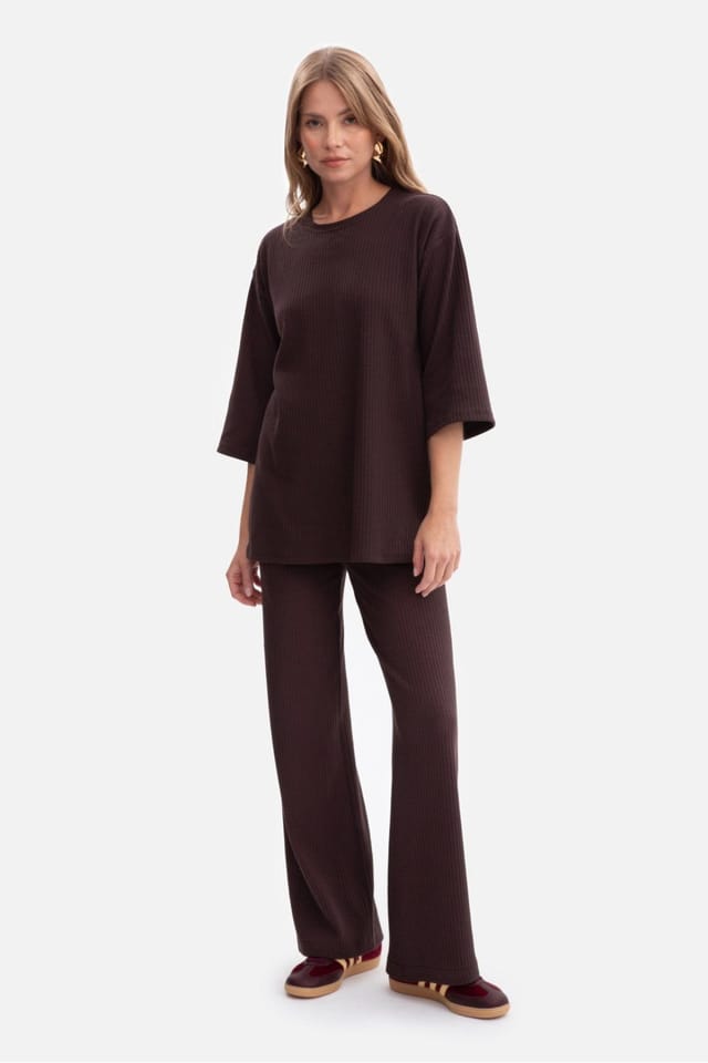 Love Lace Love Lace Women's Ribbed Oversized Pullover Blouse with Slits in Brown - 2