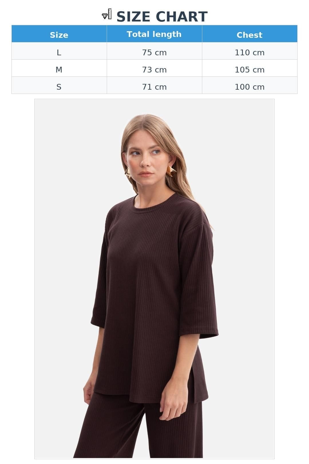 Love Lace Love Lace Women's Ribbed Oversized Pullover Blouse with Slits in Brown - 4