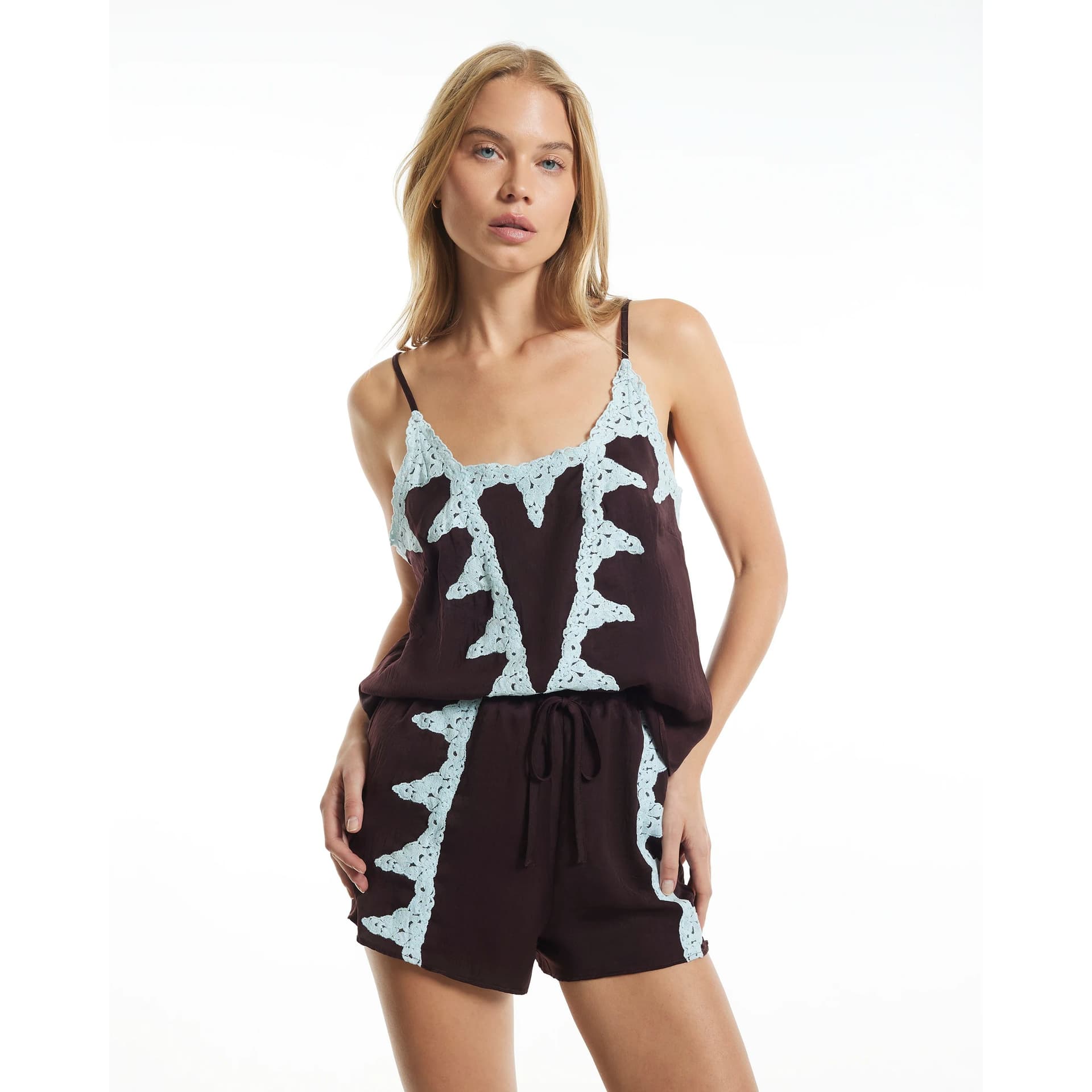 River Island River Island Womens Brown Lace Trim Shorts Pyjama Set