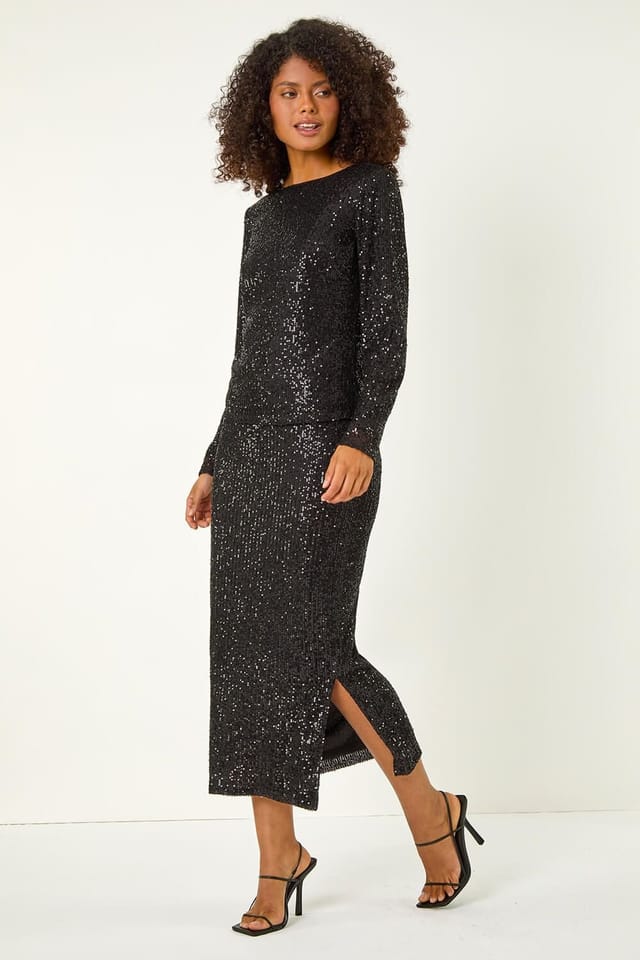 Dusk Dusk Women's Sequin Pencil Skirt in Black - 2