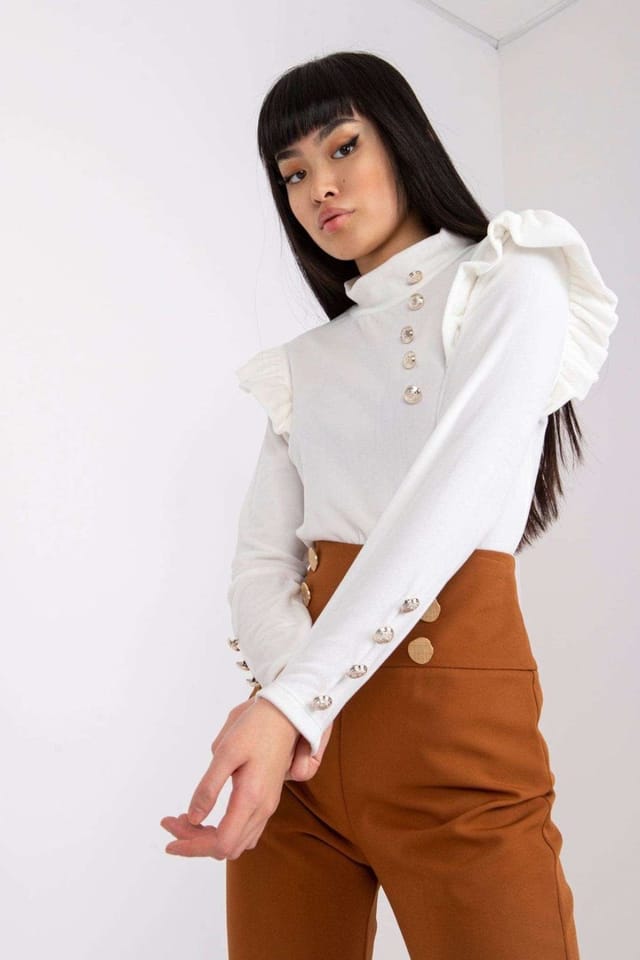 Love Lace Love Lace Women's Velour Straight Cut Blouse With Shoulder Frills in White - 2