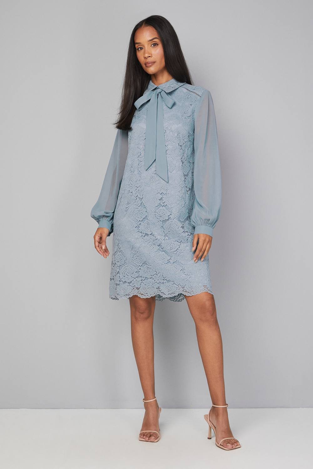 Wallis Wallis Women's Lace Tie Neck Shift Dress in Turquoise - 2