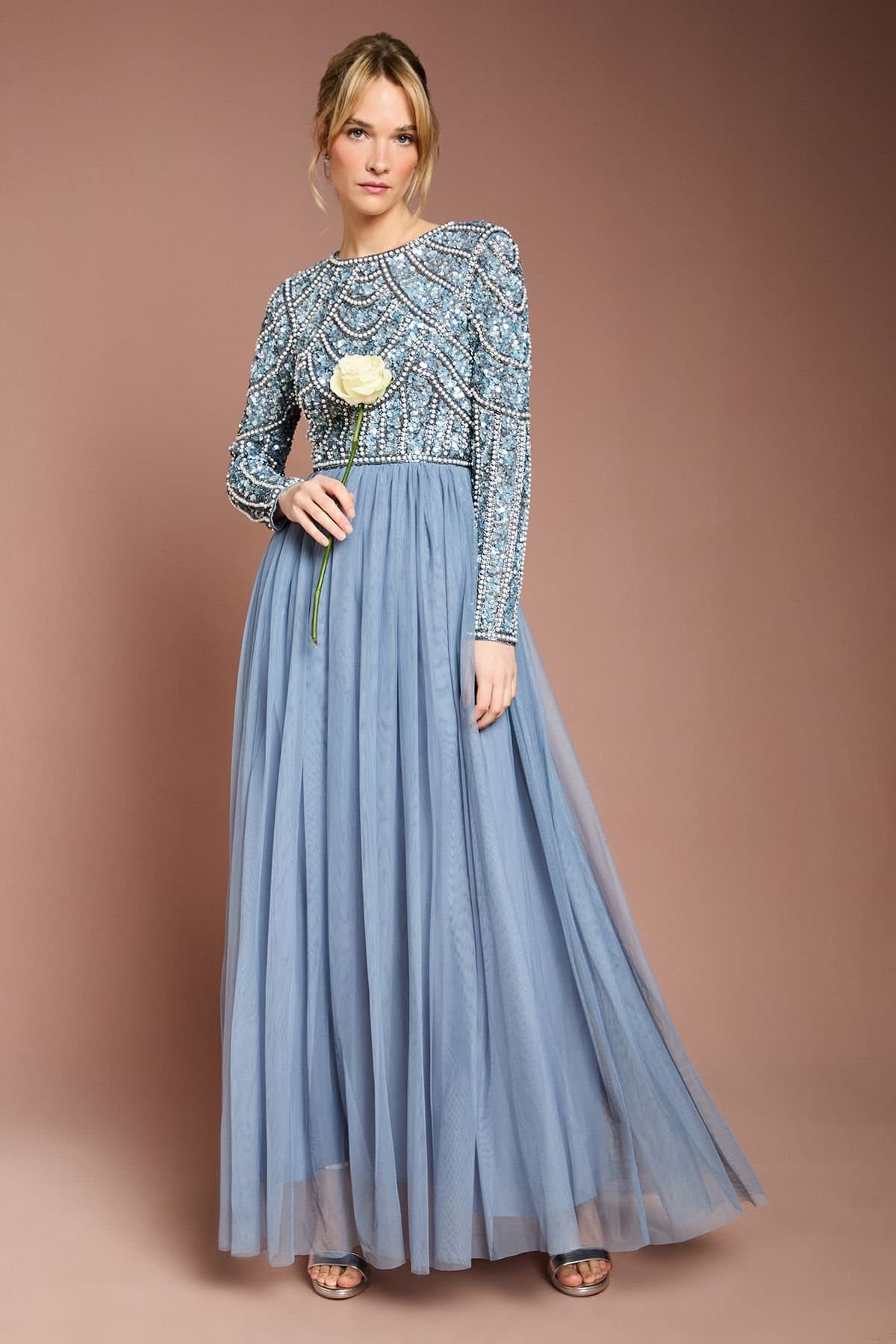 Coast Coast Women's Honoured Long Sleeve Sequin Bodice Tulle Skirt Maxi Bridesmaid Dress in Dusty Blue
