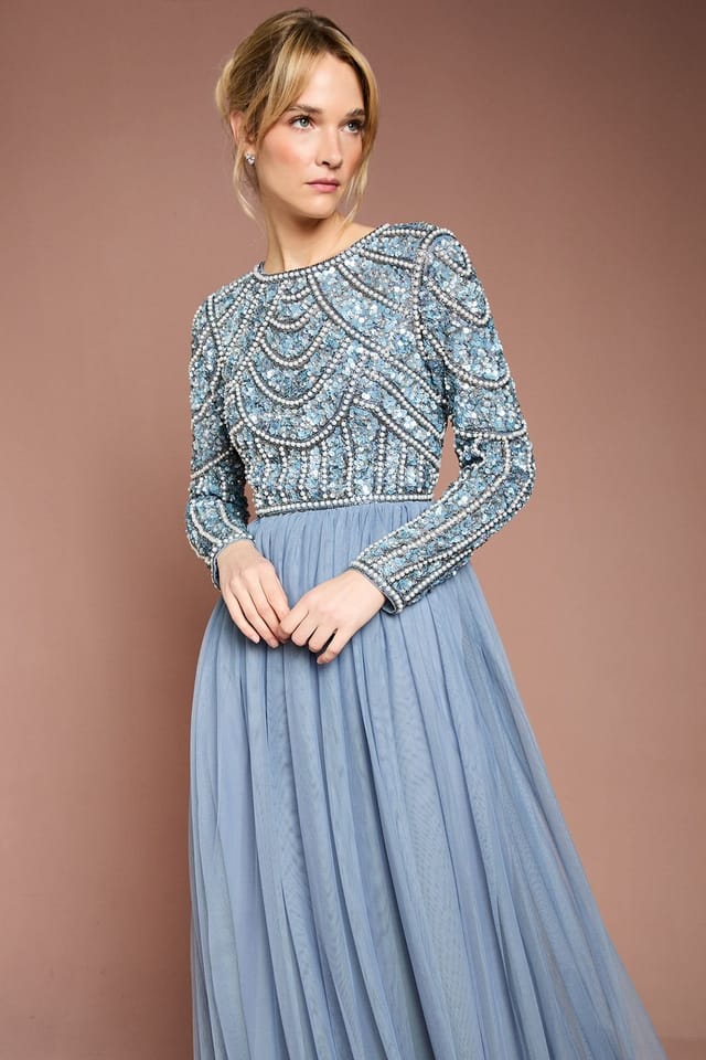 Coast Coast Women's Honoured Long Sleeve Sequin Bodice Tulle Skirt Maxi Bridesmaid Dress in Dusty Blue - 2