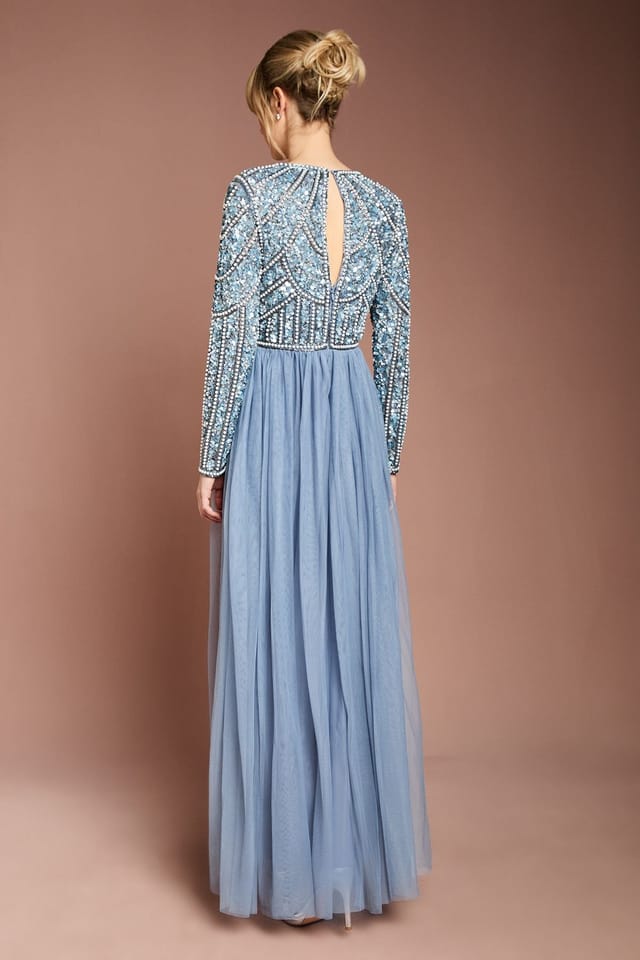 Coast Coast Women's Honoured Long Sleeve Sequin Bodice Tulle Skirt Maxi Bridesmaid Dress in Dusty Blue - 3