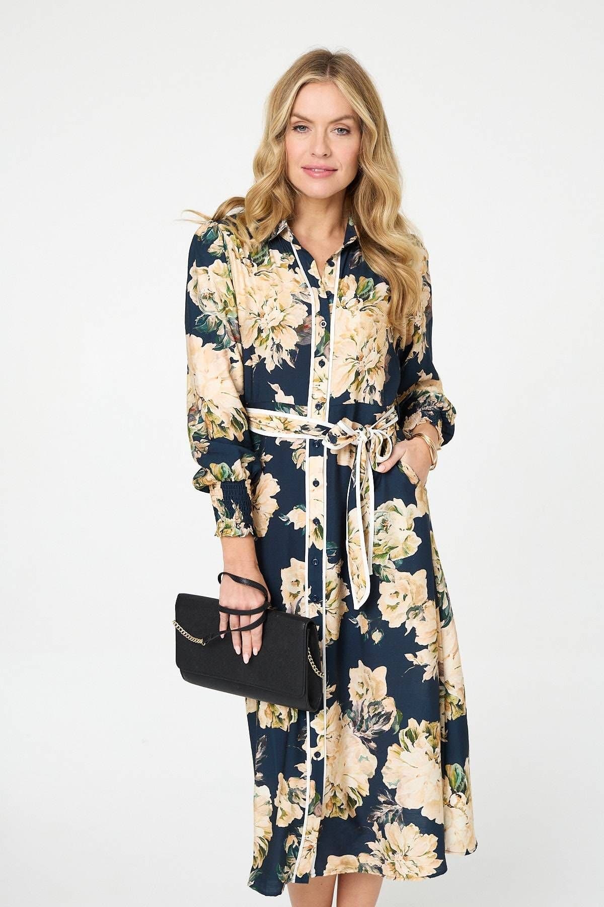 Izabel London Izabel London Women's Floral Print Tie Waist Midi Shirt Dress in Navy
