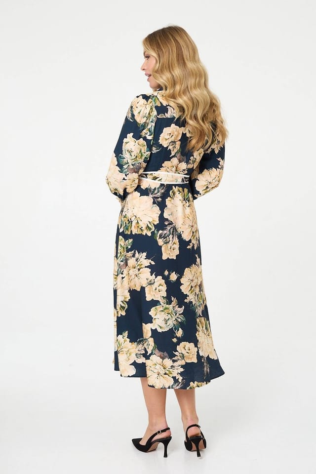 Izabel London Izabel London Women's Floral Print Tie Waist Midi Shirt Dress in Navy - 3