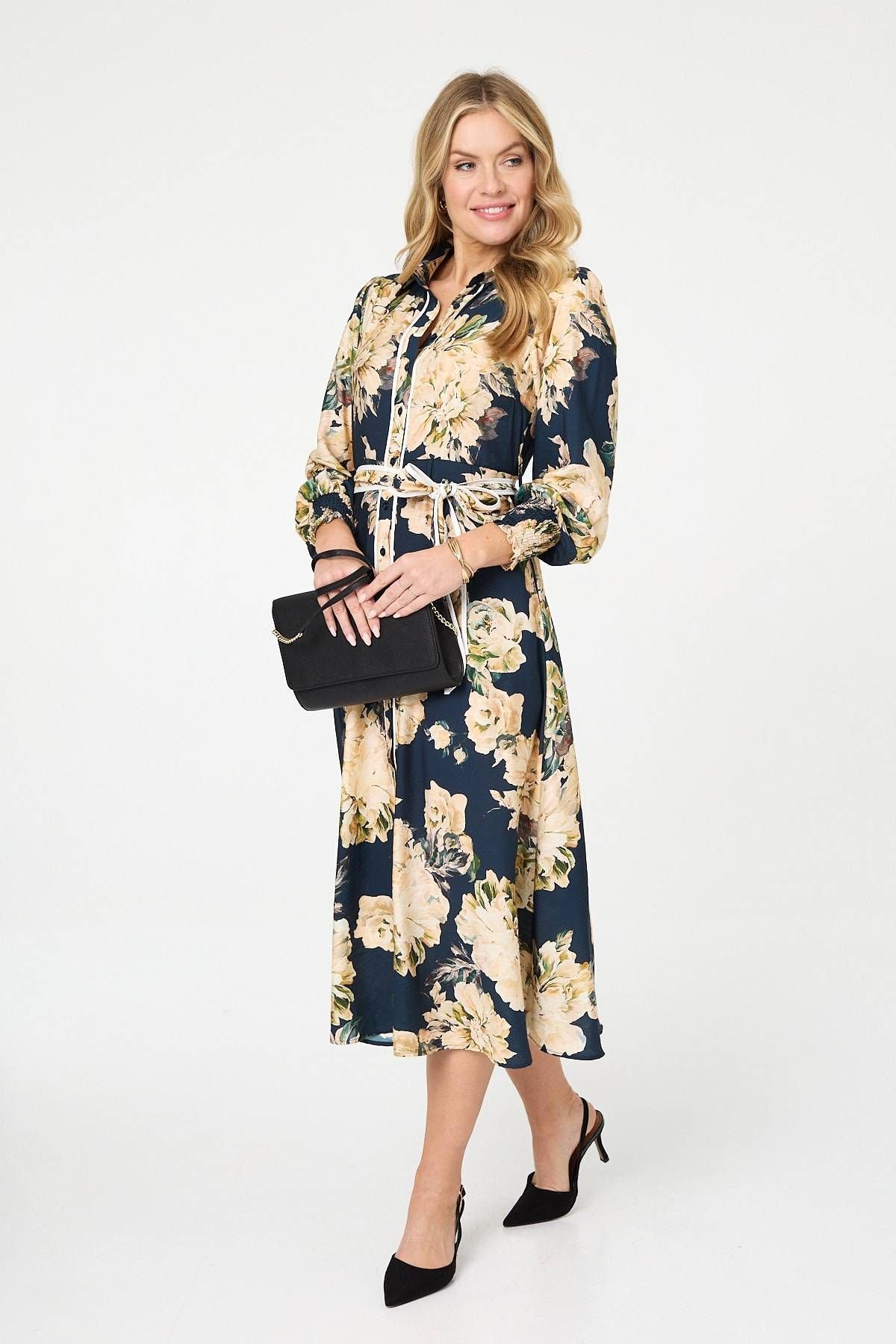 Izabel London Izabel London Women's Floral Print Tie Waist Midi Shirt Dress in Navy - 4