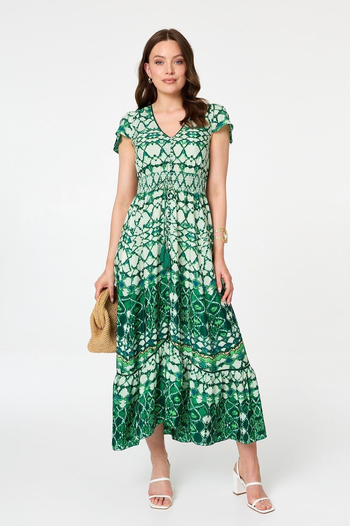 Izabel London Izabel London Women's Abstract Cap Sleeve Shirred Maxi Dress in Green