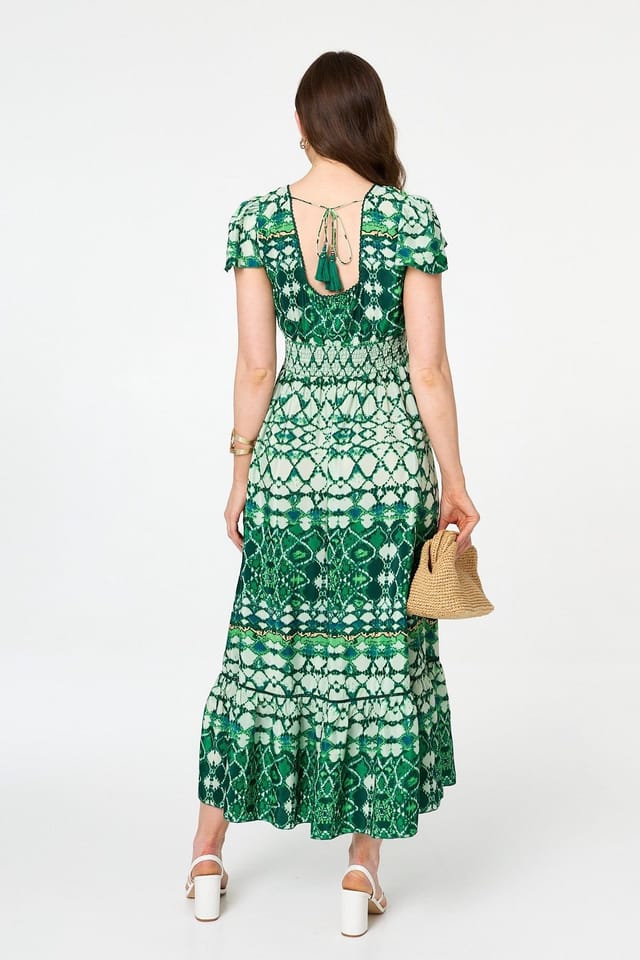 Izabel London Izabel London Women's Abstract Cap Sleeve Shirred Maxi Dress in Green - 3