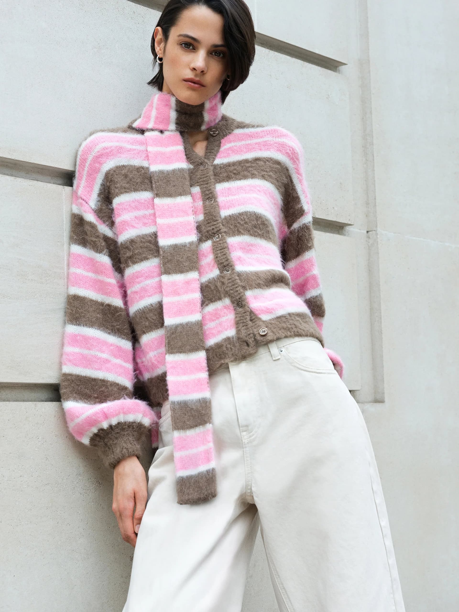 French Connection Jessika Pink Stripe Knit Cardigan with Matching Scarf Mink Brown/Rose Pink/White