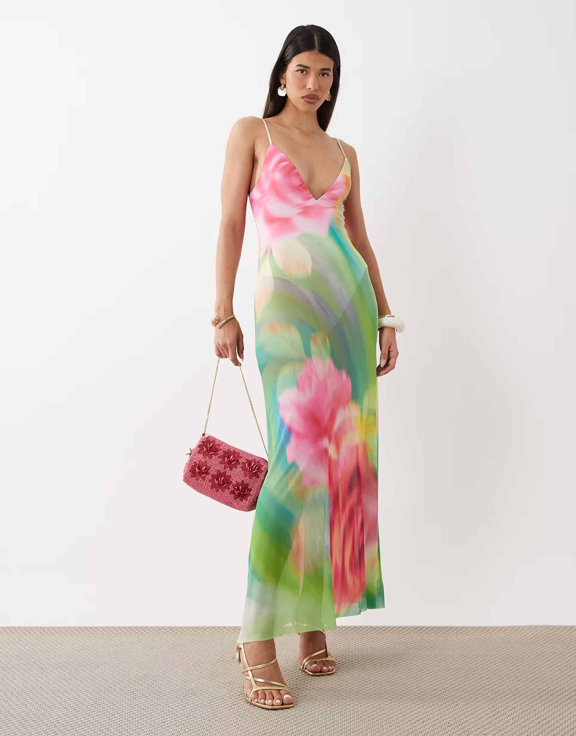 ASOS AFRM Rivka Green Floral Print Mesh Maxi Dress