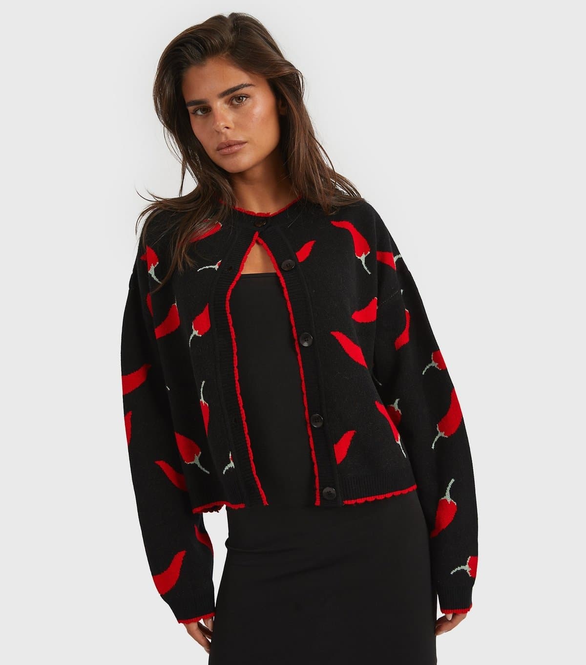 Skinnydip Women's Black and Red Chilli Patterned Cardigan Skinnydip New Look