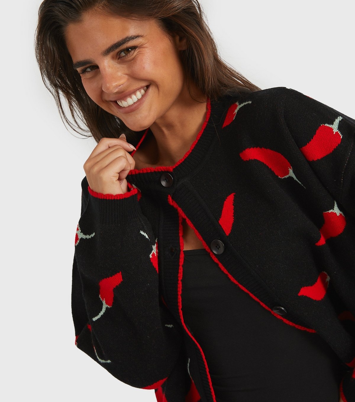 Skinnydip Women's Black and Red Chilli Patterned Cardigan Skinnydip New Look - 2