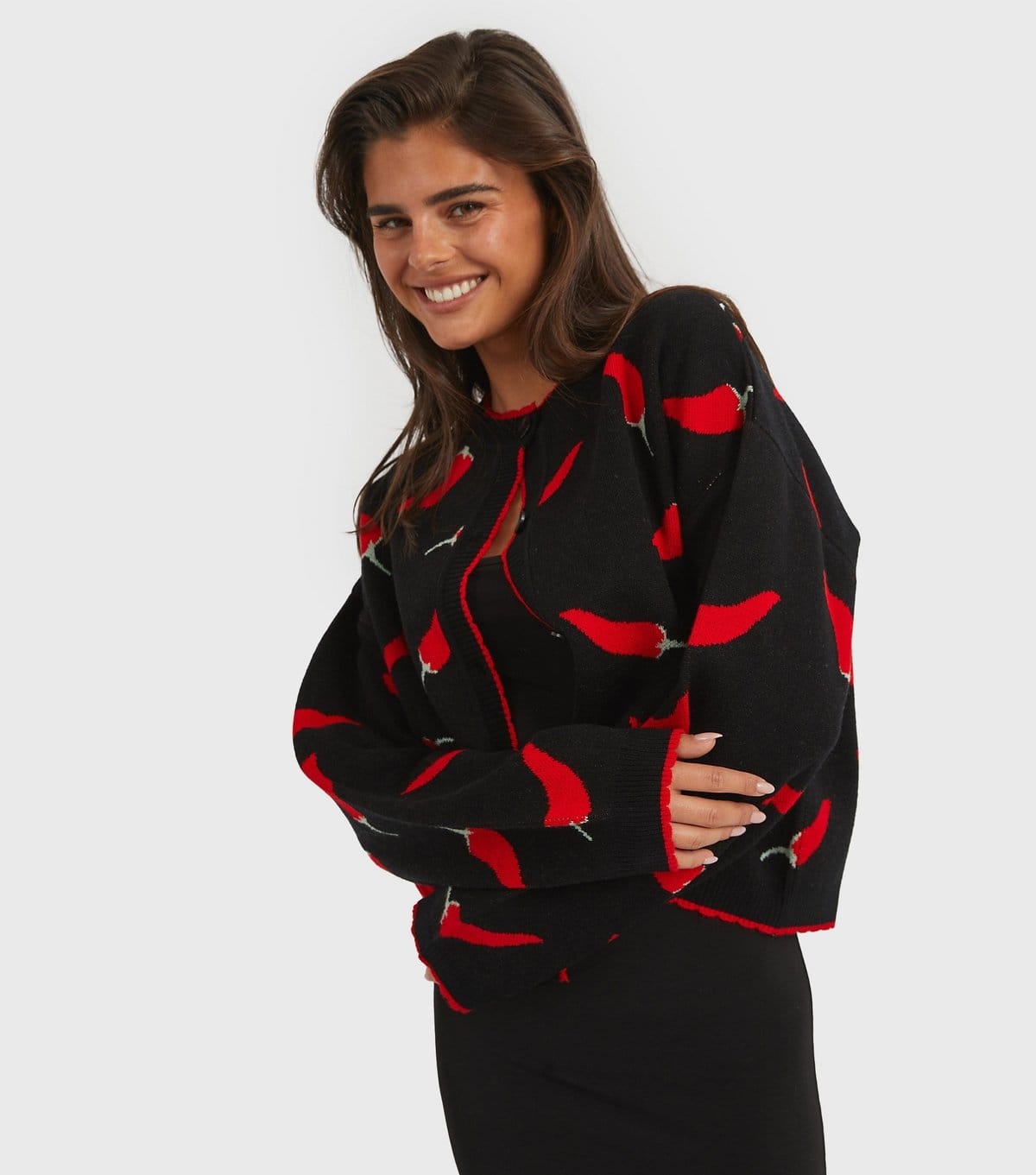 Skinnydip Women's Black and Red Chilli Patterned Cardigan Skinnydip New Look - 4