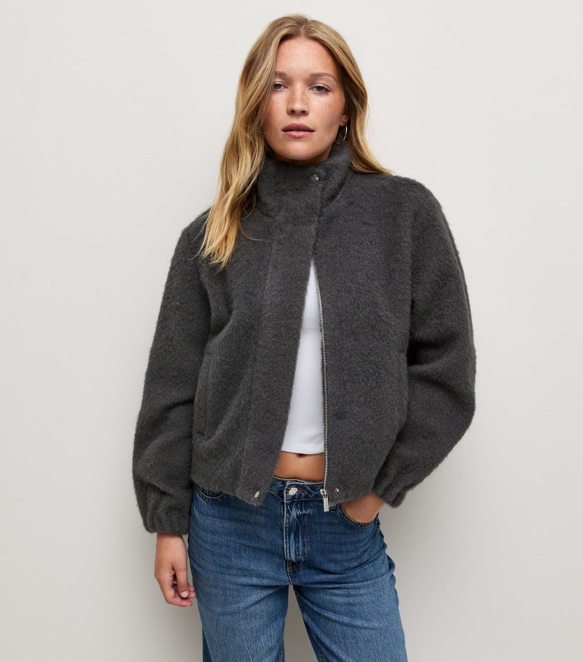 New Look Women's Dark Grey Textured Funnel Coat New Look