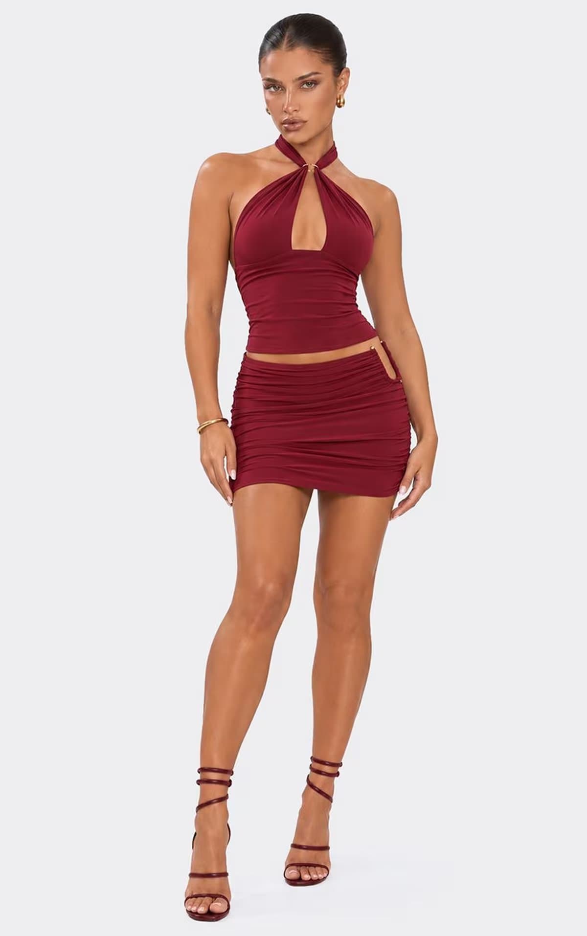 EGO Halterneck Keyhole Cut Out Trim Detail Top In Burgundy Slinky, Women's Size UK 6