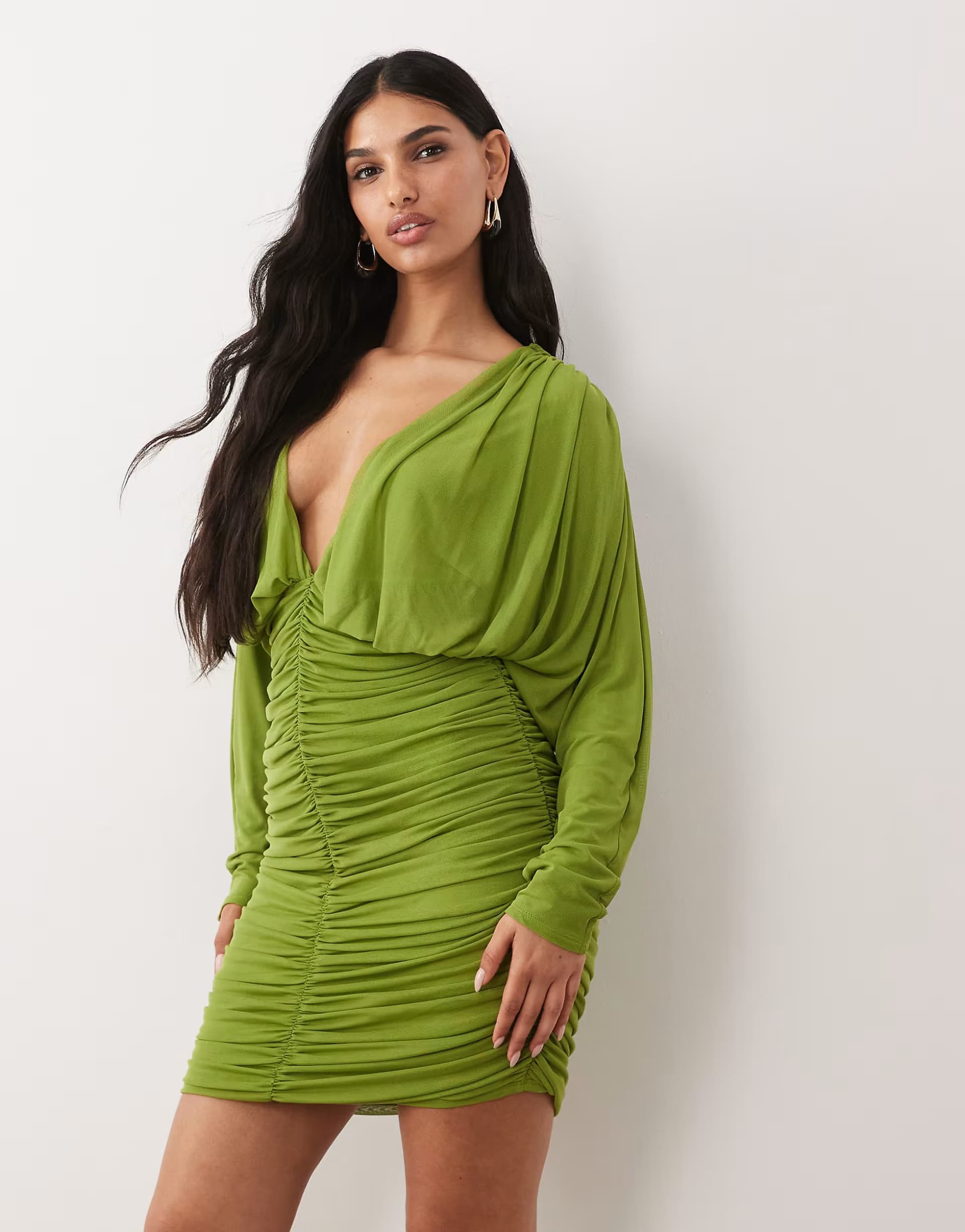 ASOS ASOS DESIGN mesh long sleeved deep plunge ruched mini dress in green