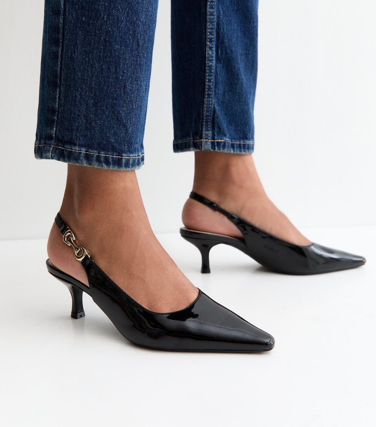 New Look Women's Truffle Black Faux Leather Chain Slingback Court Shoes New Look