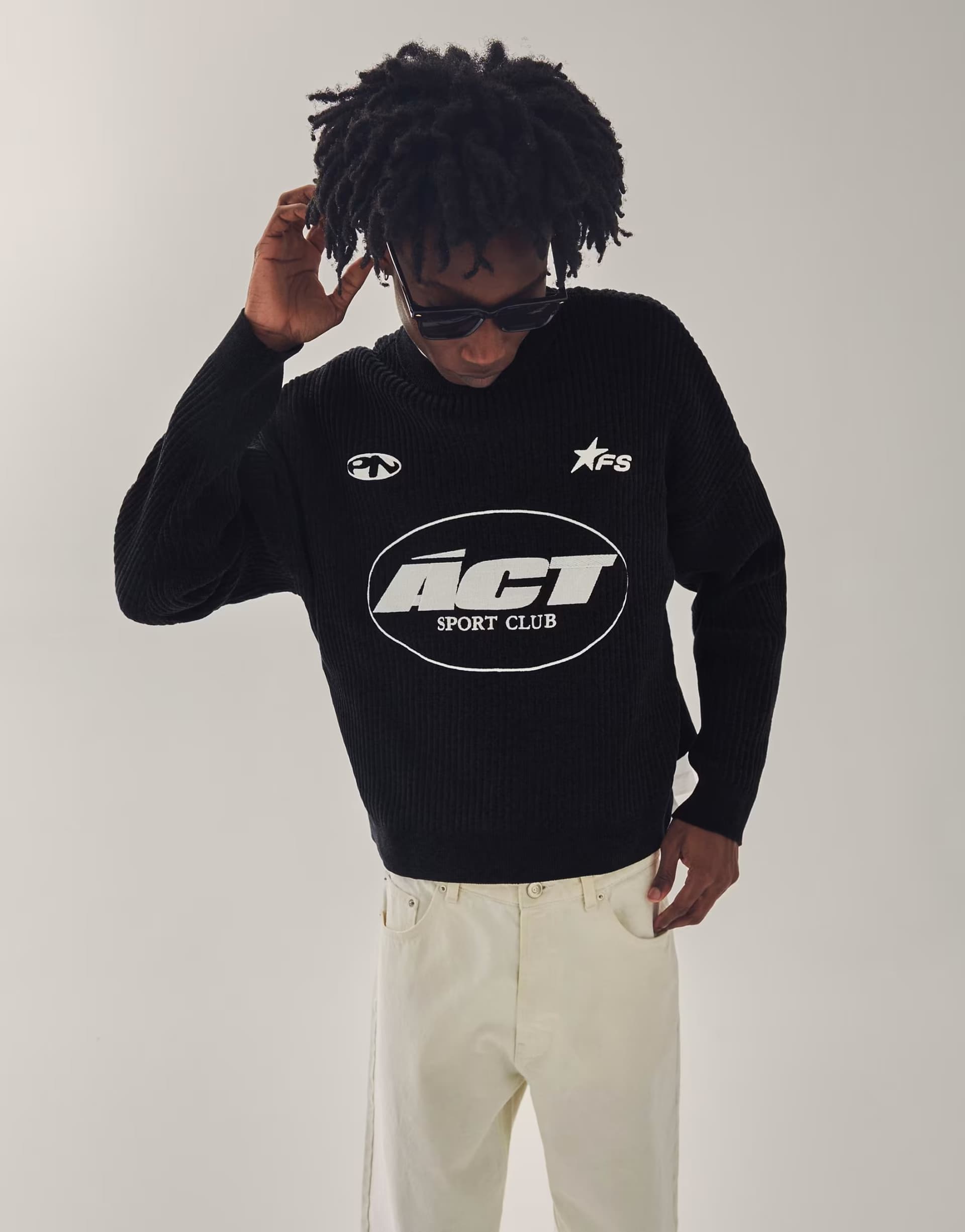 ASOS Bershka Printed round neck chenille jumper in black