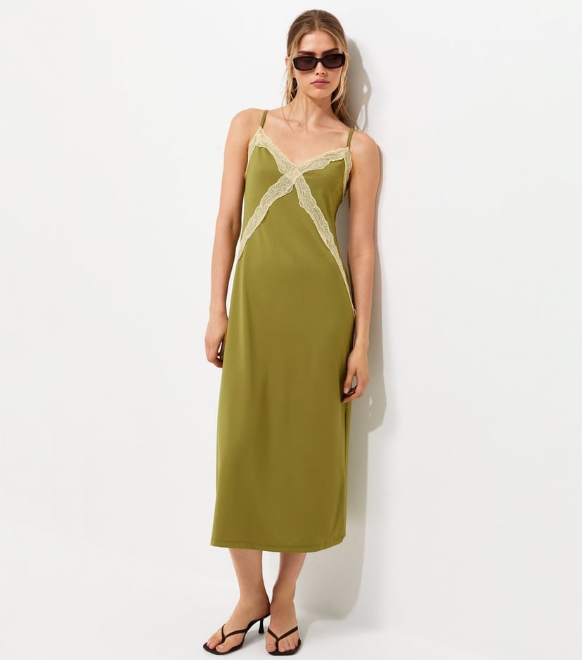 New Look Women's Light Green Lace Strappy Contrast Trim Midi New Look - 1