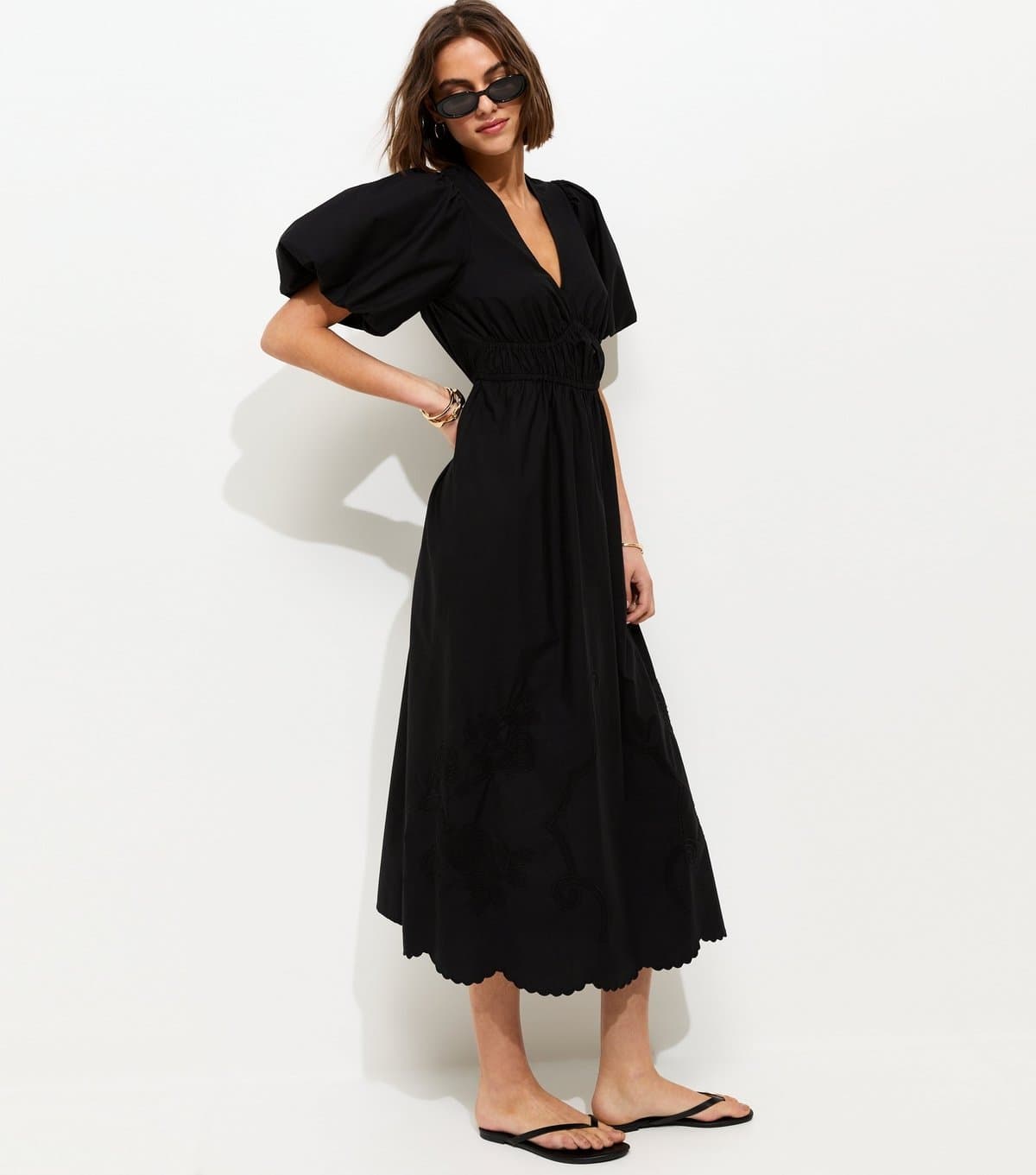 New Look Women's Black Cotton Puff Sleeve Midi Dress New Look