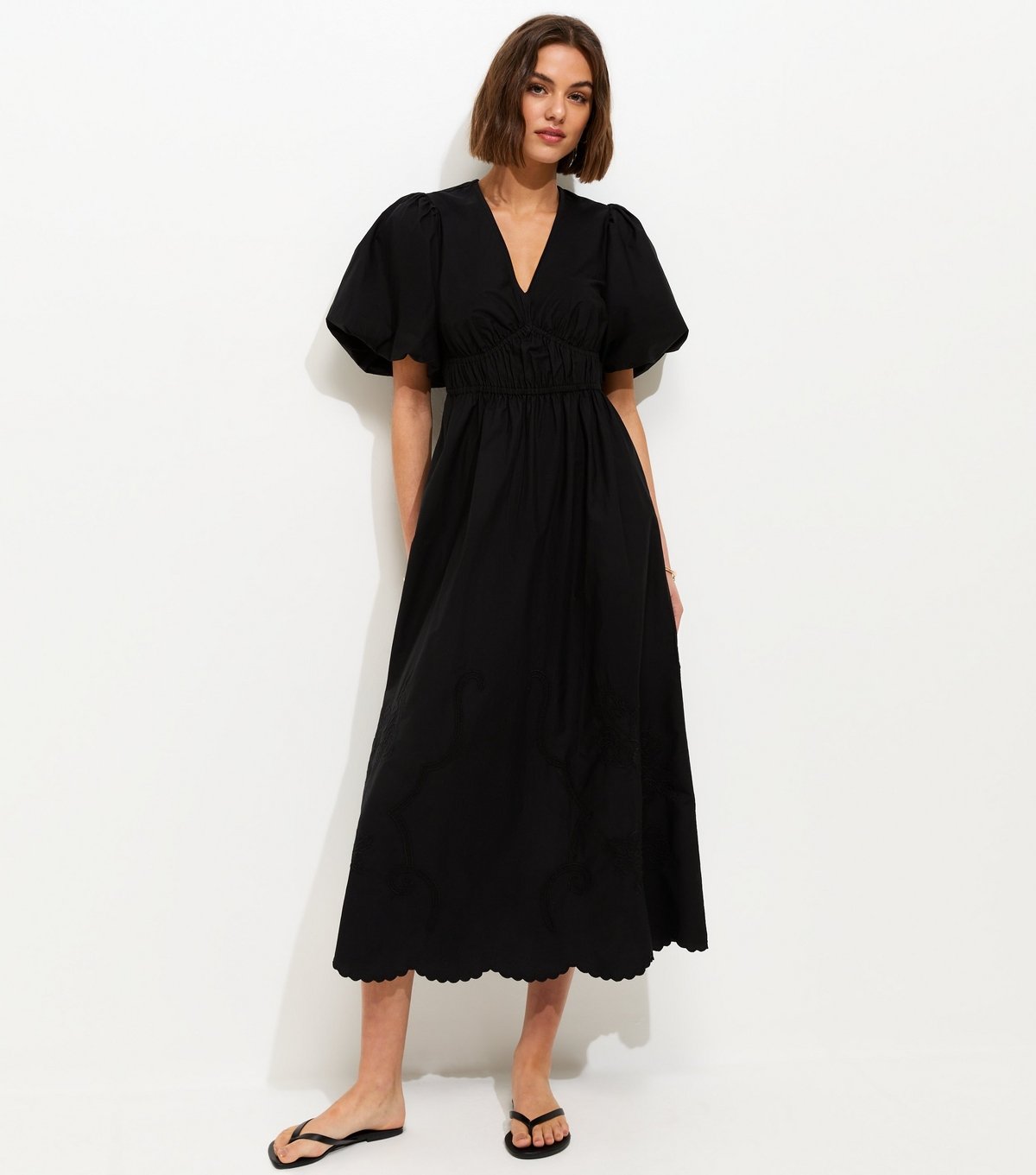 New Look Women's Black Cotton Puff Sleeve Midi Dress New Look - 2