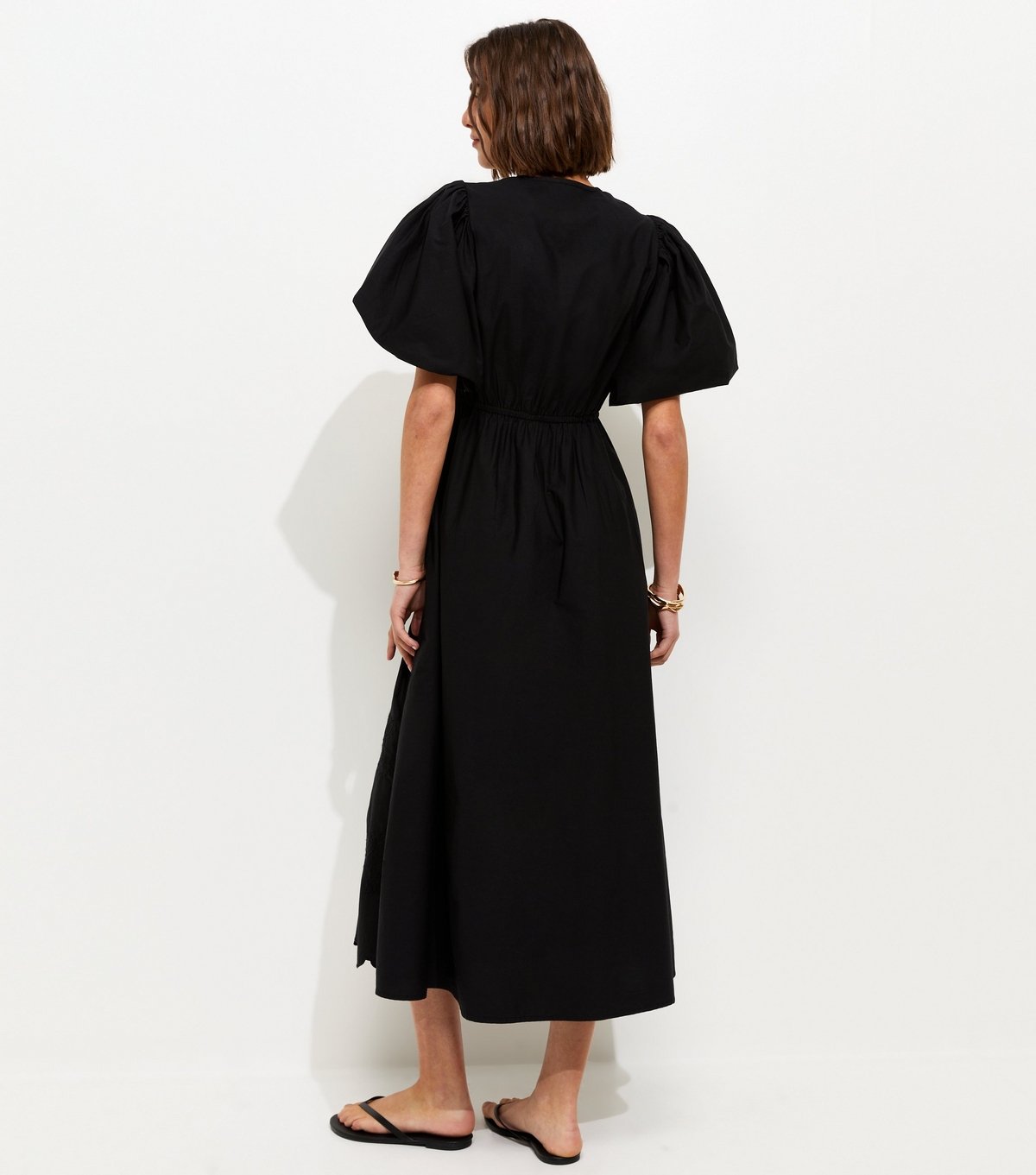 New Look Women's Black Cotton Puff Sleeve Midi Dress New Look - 4