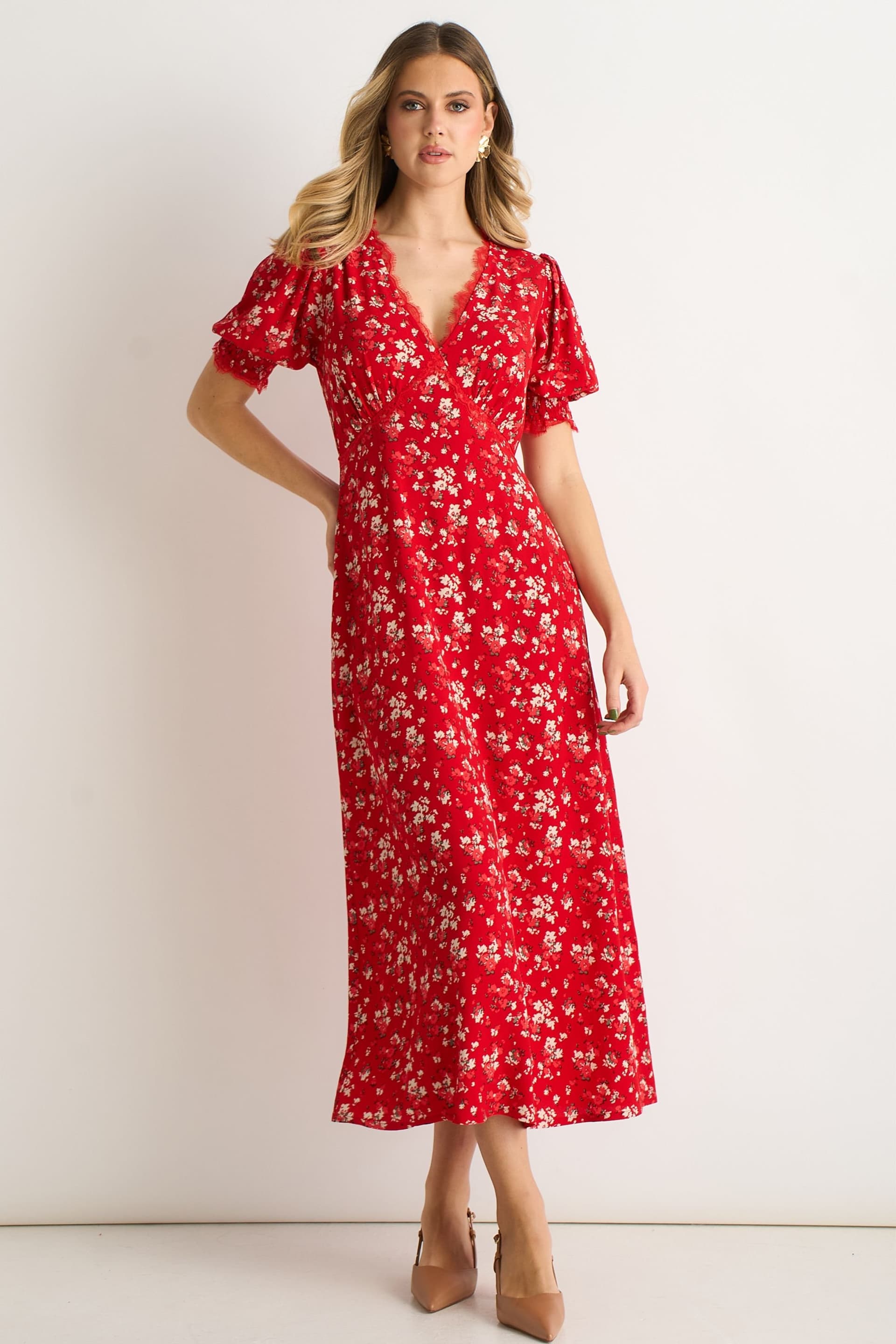 Gini London Gini London Women's Red Viscose Lace Trim Midi Dress