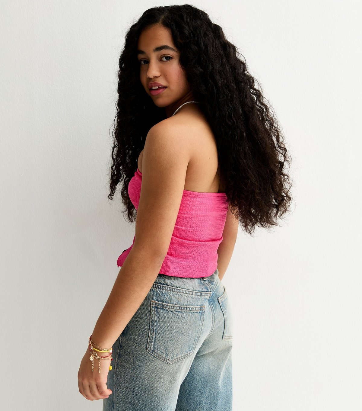 New Look Girls' Dark Pink Crinkle Texture Gathered Front Bandeau Top New Look - 4