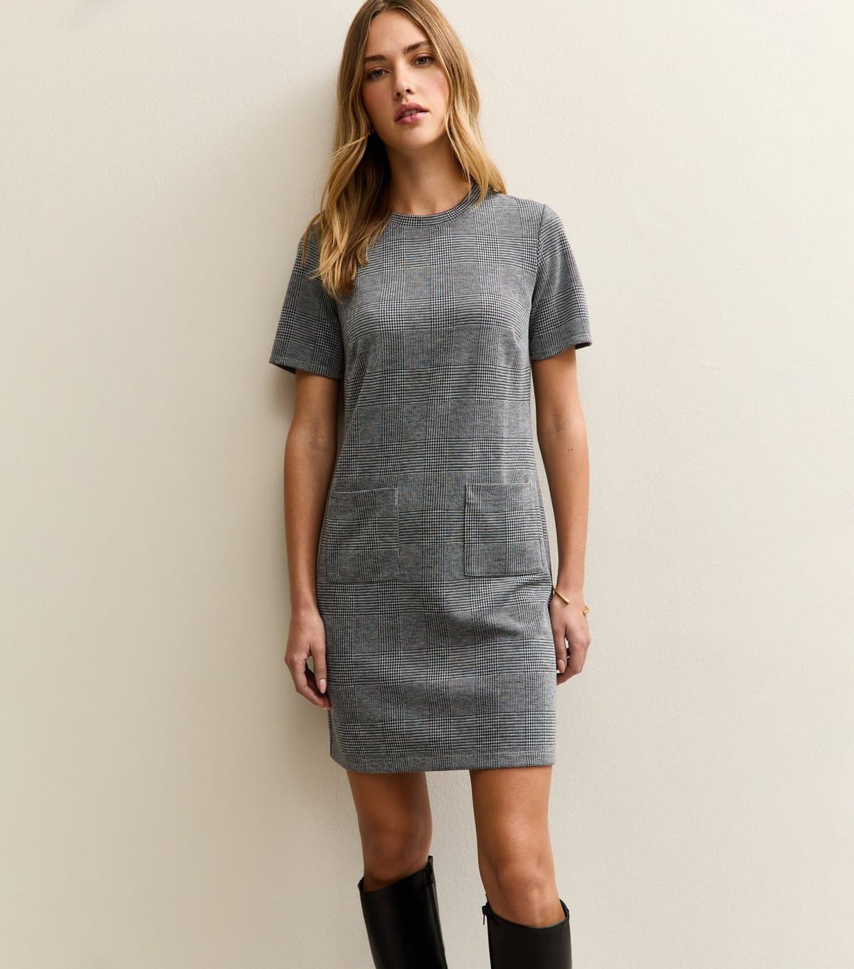 New Look Women's Grey Check T-Shirt Mini Dress New Look