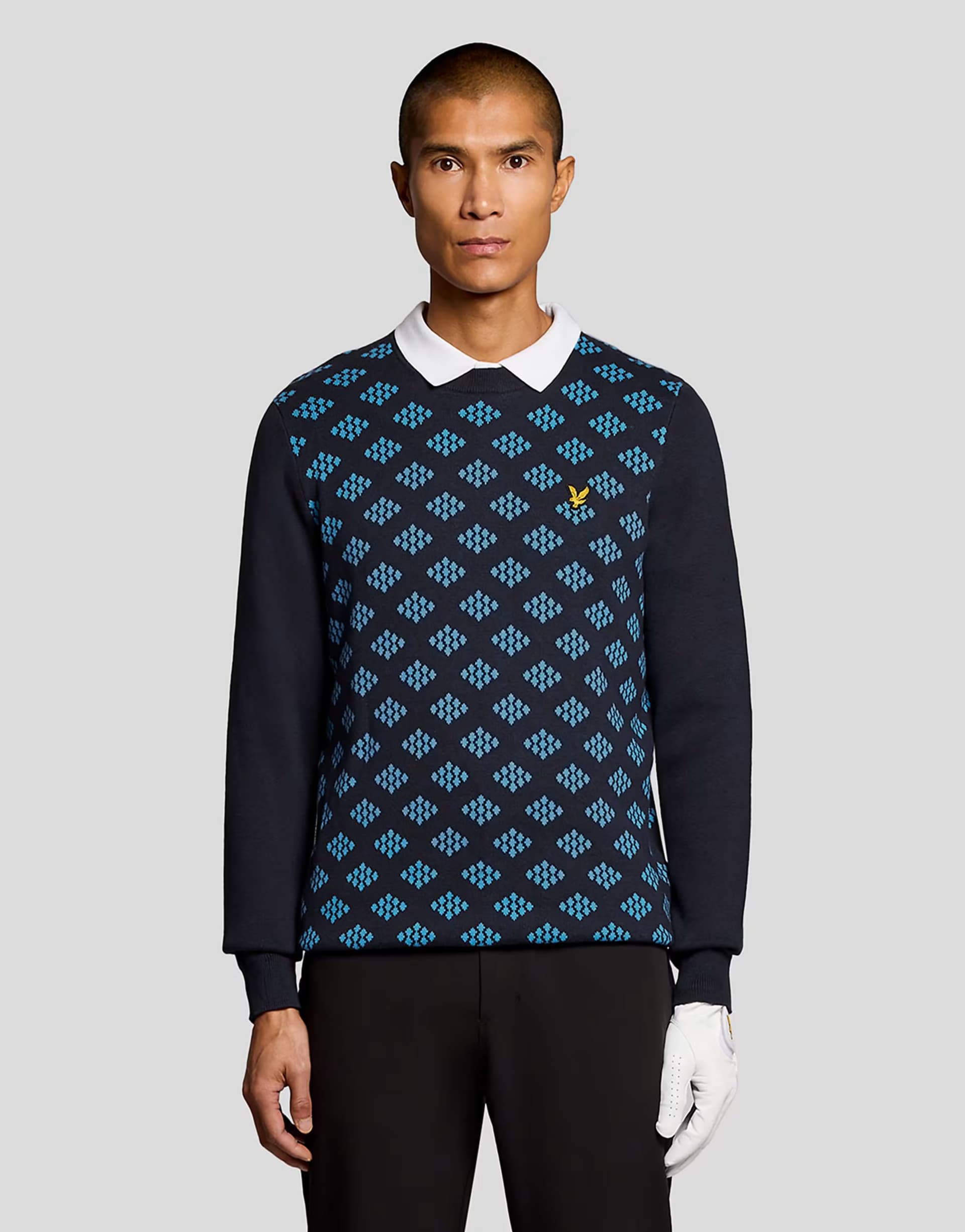 ASOS Lyle & Scott Mid knits golf crew neck cotton argyle jumper in z271 dark navy