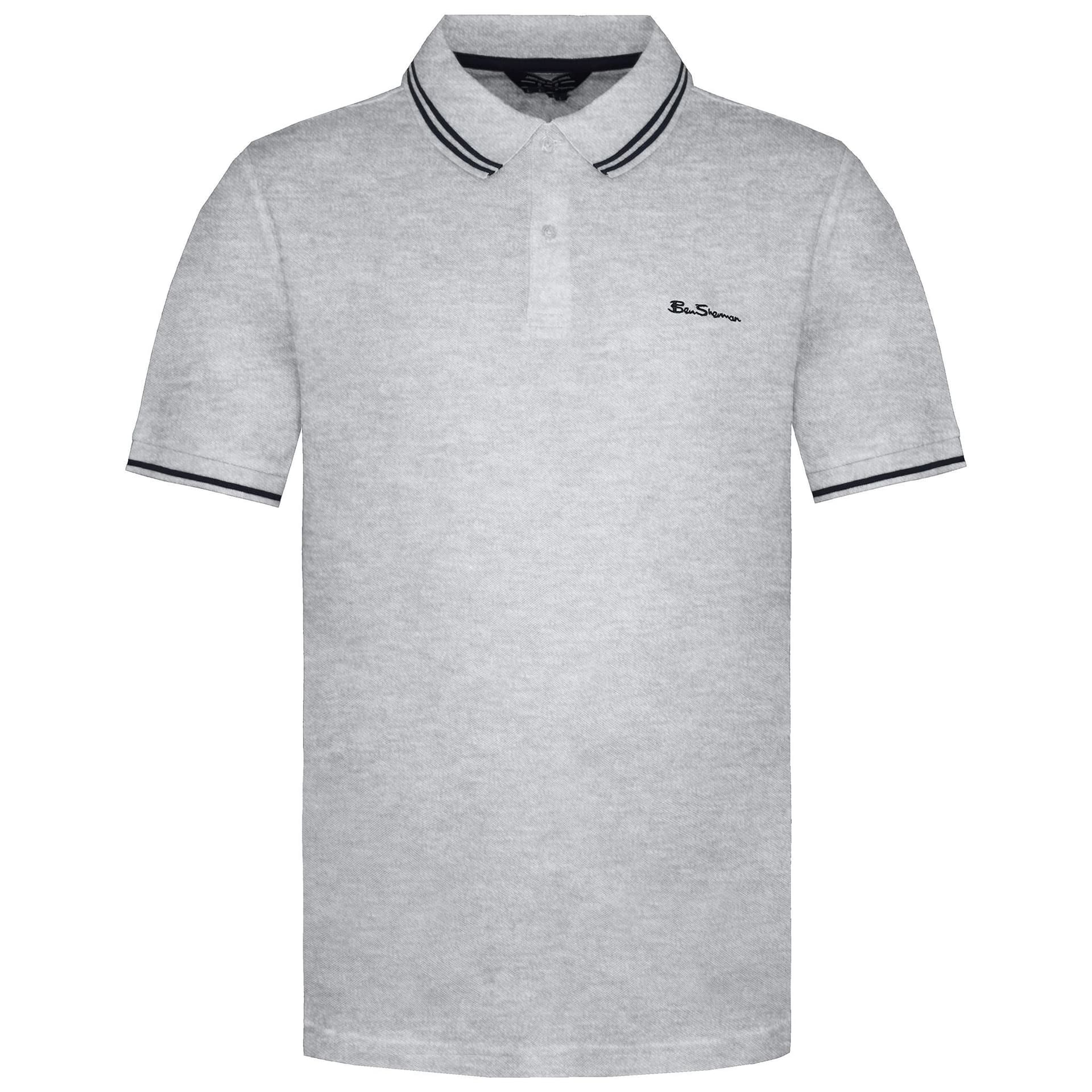 Ben Sherman Ben Sherman Men's Classic Fit Short Sleeve Light Grey Navy Wide Twin Tipped Polo Short