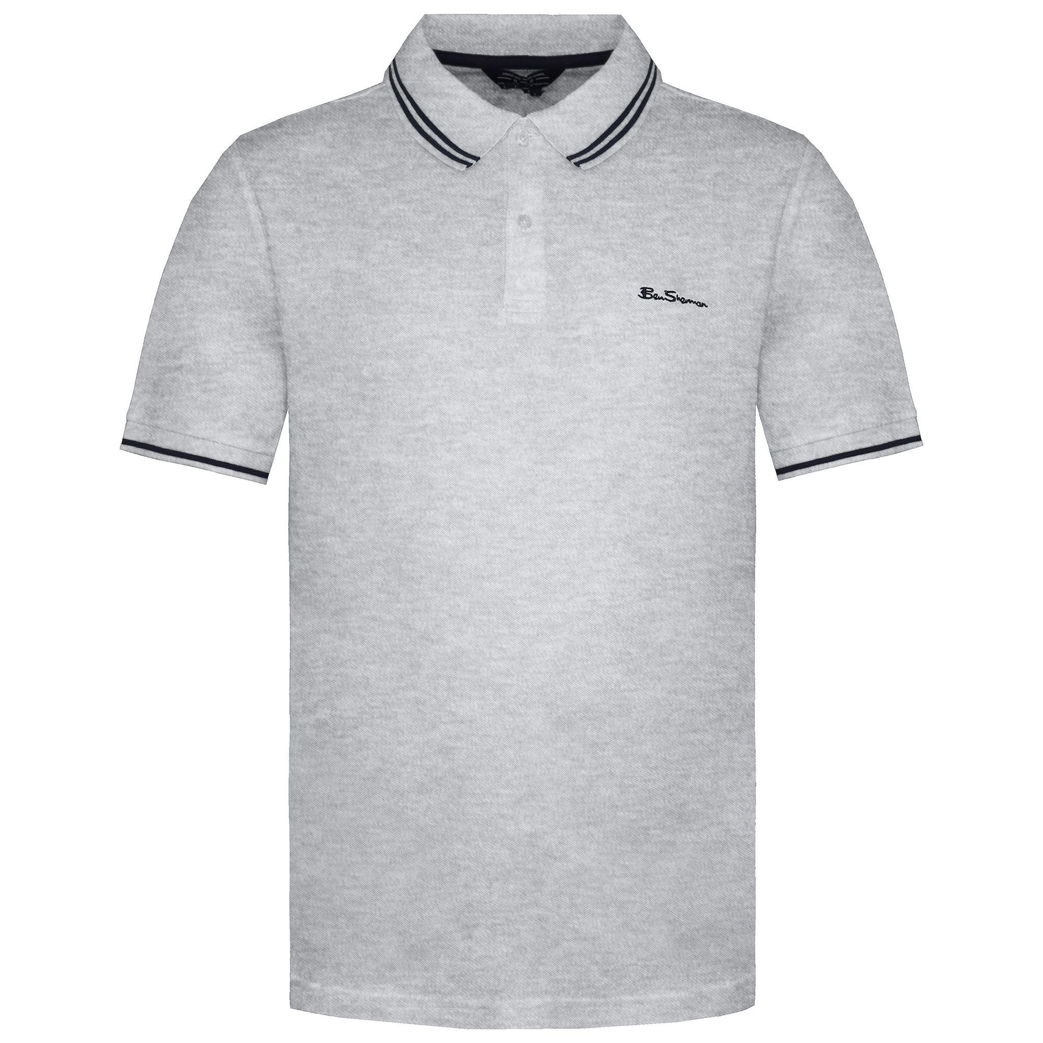 Ben Sherman Ben Sherman Men's Classic Fit Short Sleeve Light Grey Navy Wide Twin Tipped Polo Short - 2