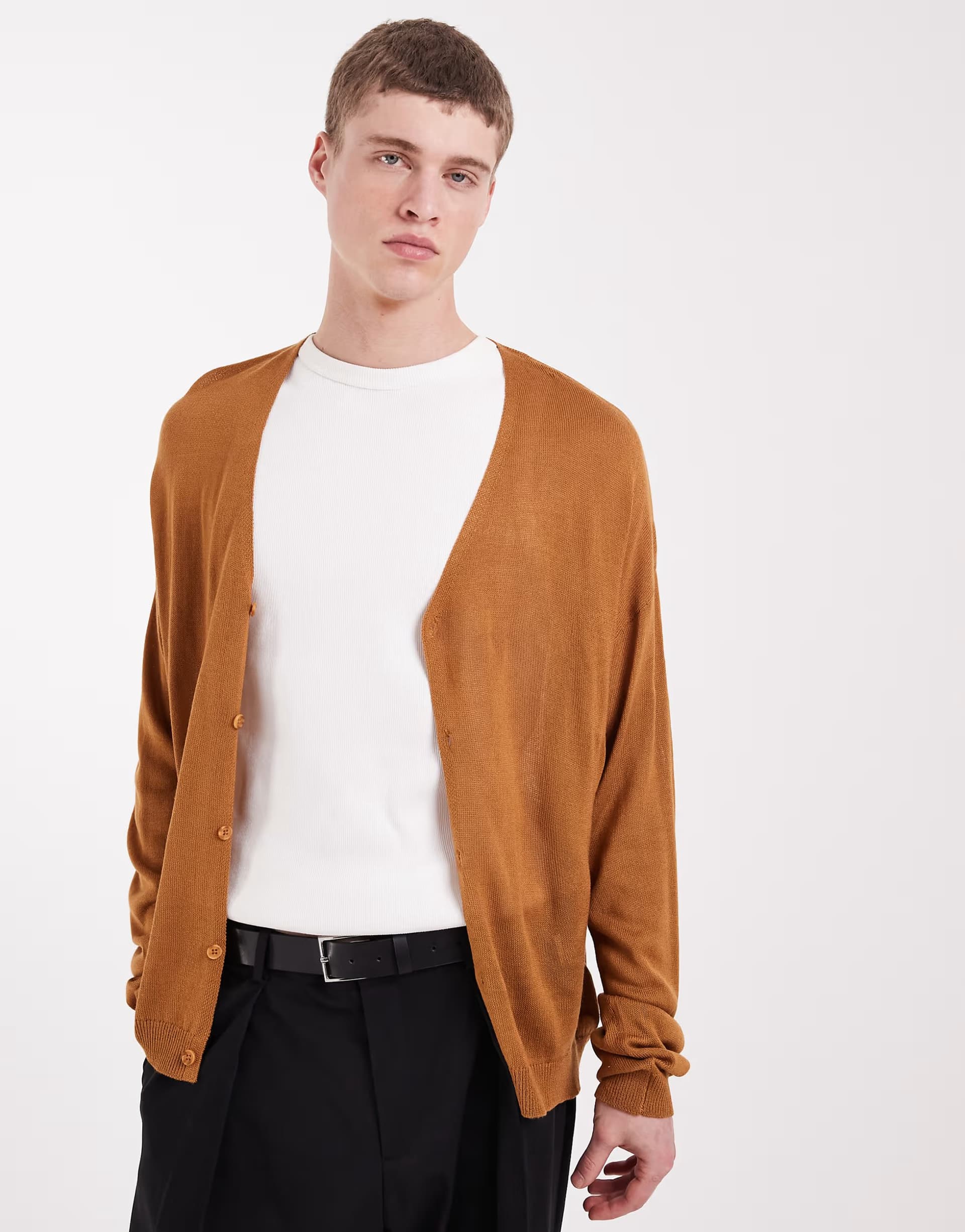ASOS ASOS DESIGN relaxed knitted sheer v-neck cardigan in tan