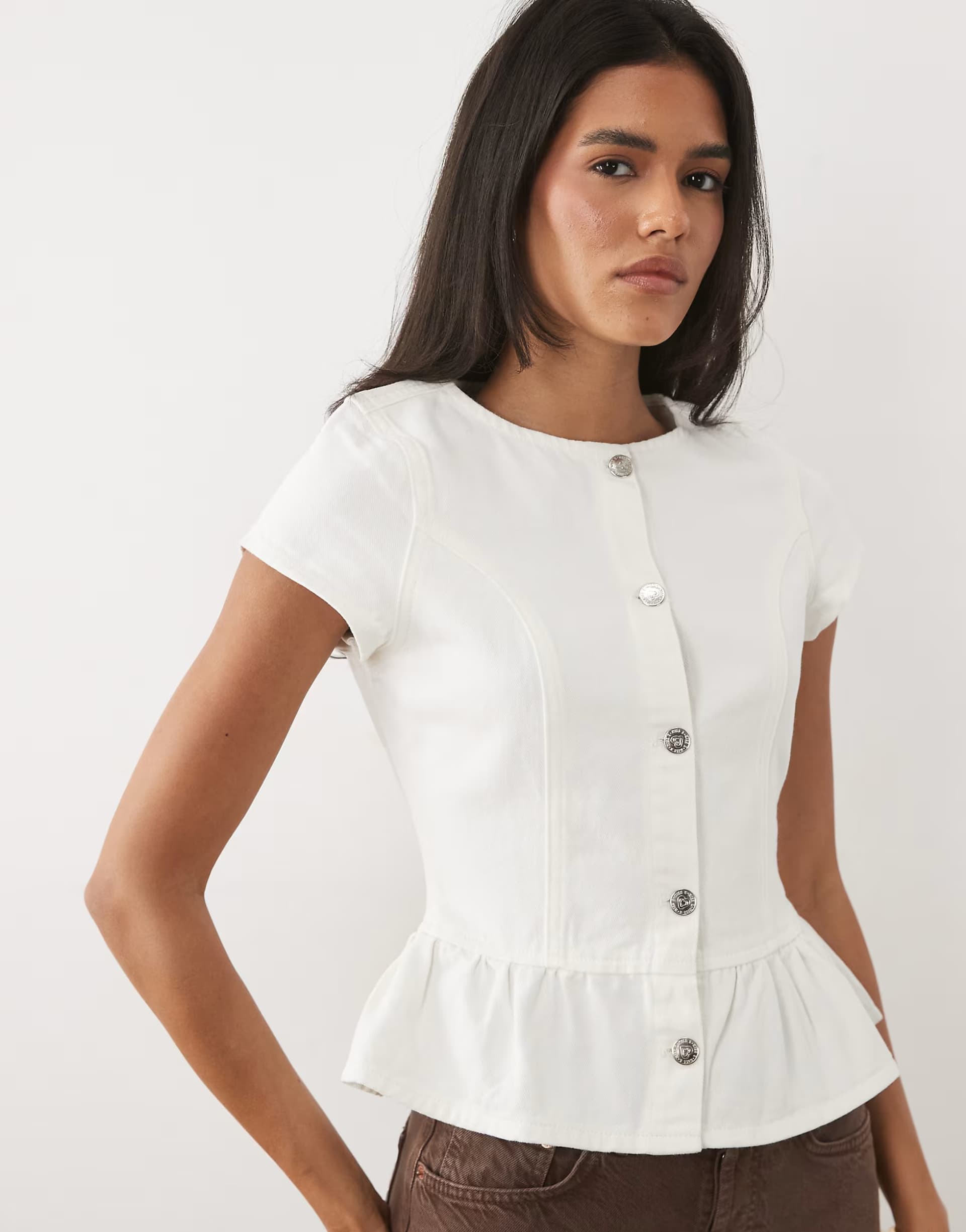 ASOS Miss Selfridge denim short sleeve peplum top co ord in cream