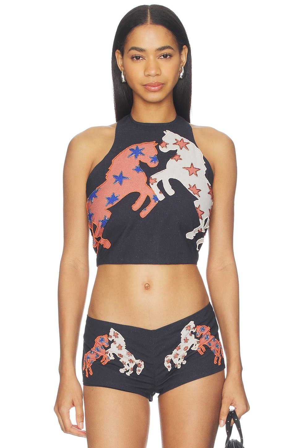 revolve Revolve Navy Beaded Horse Crop Top & Shorts Set