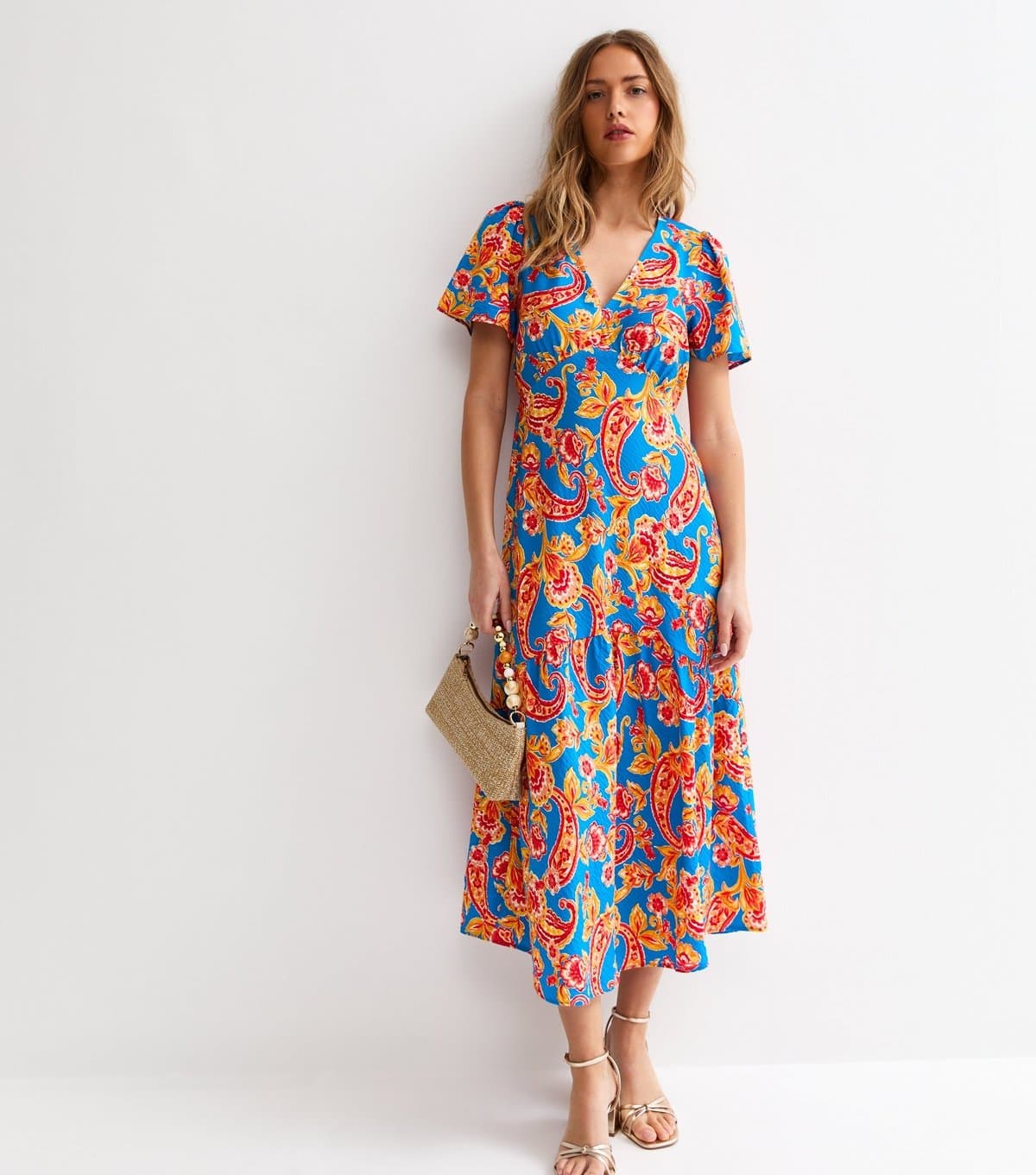 New Look Women's Blue Oversize Paisley Print Tiered Midi Tea Dress New Look