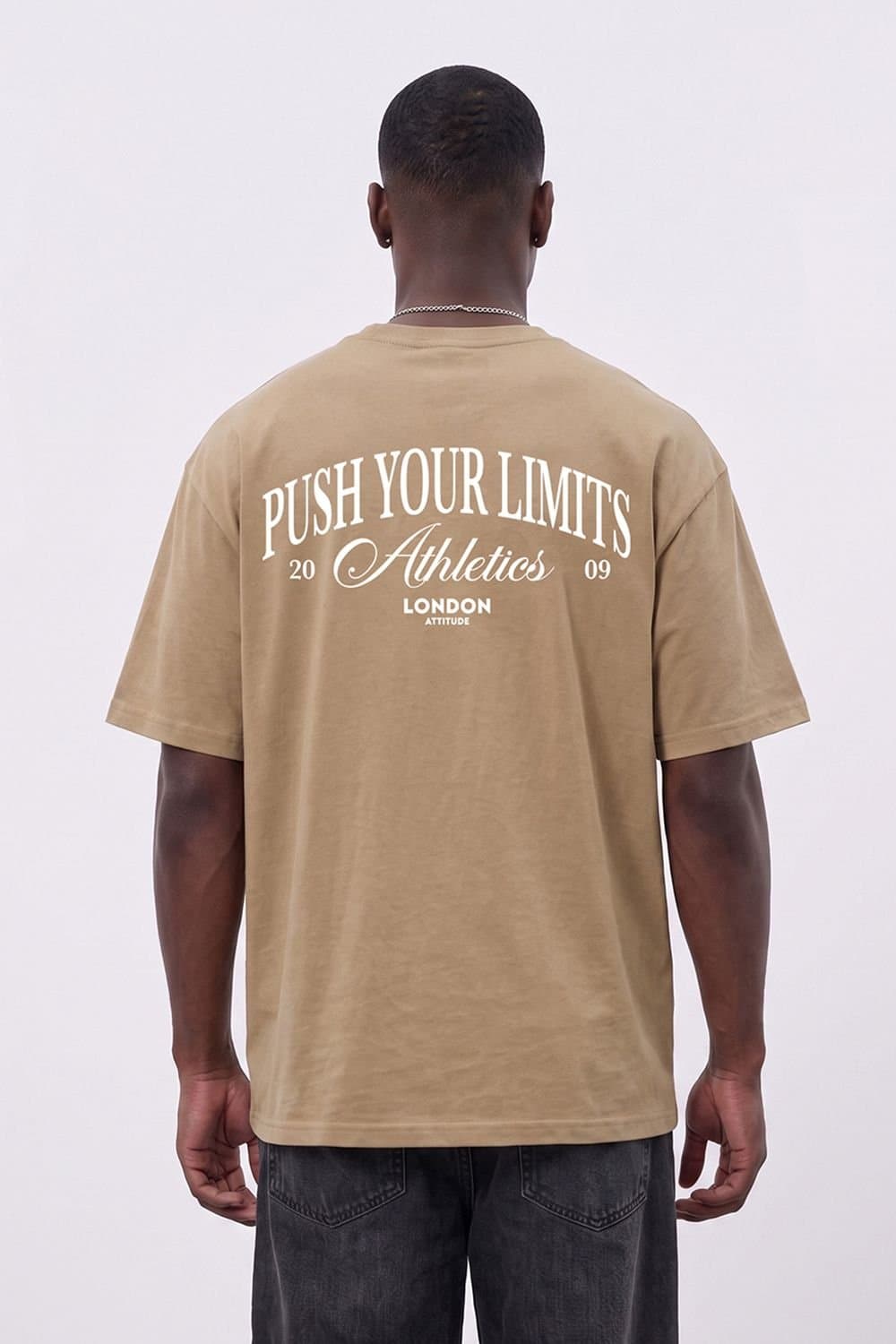 LONDON ATTITUDE LONDON ATTITUDE Men's Push Your Limits Oversized Heavyweight T-Shirt in Light Sand