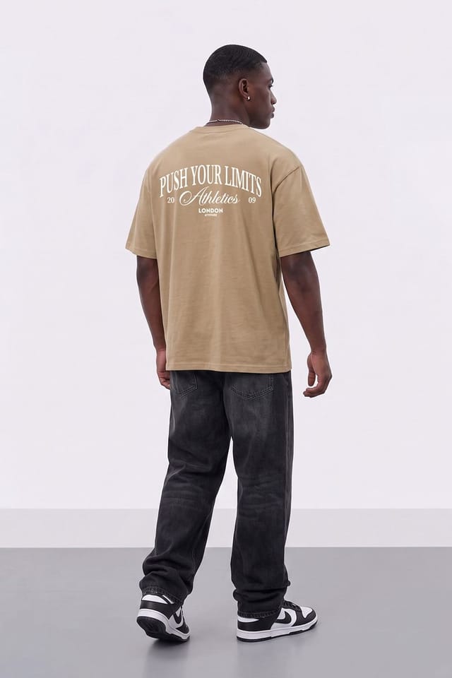 LONDON ATTITUDE LONDON ATTITUDE Men's Push Your Limits Oversized Heavyweight T-Shirt in Light Sand - 3