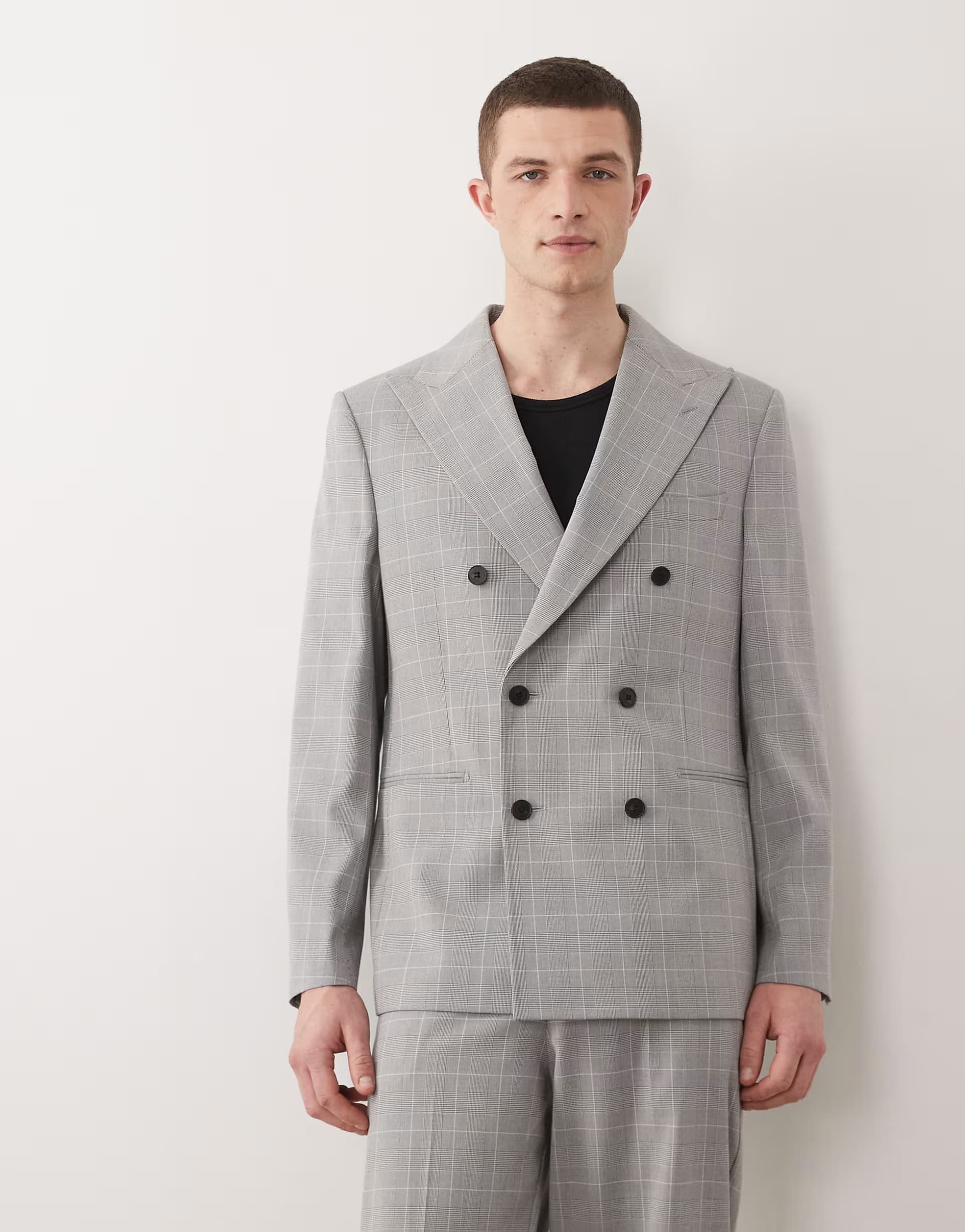 ASOS ASOS DESIGN regular double breasted suit jacket in grey glen check