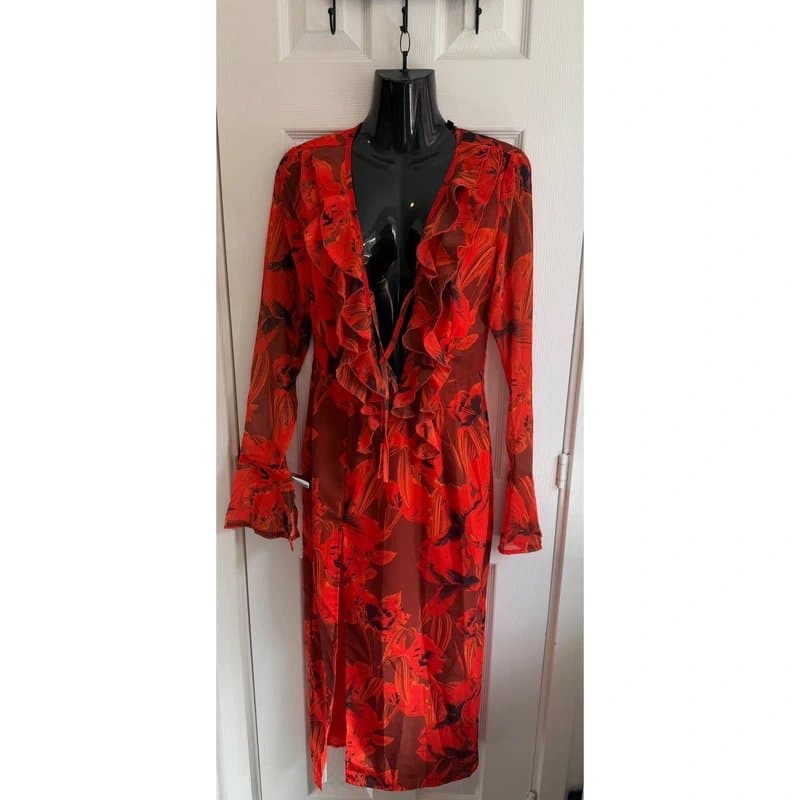 PrettyLittleThing BNWT PrettyLittleThing Red Floral Print Chiffon Frill Detail Midi Dress UK 10