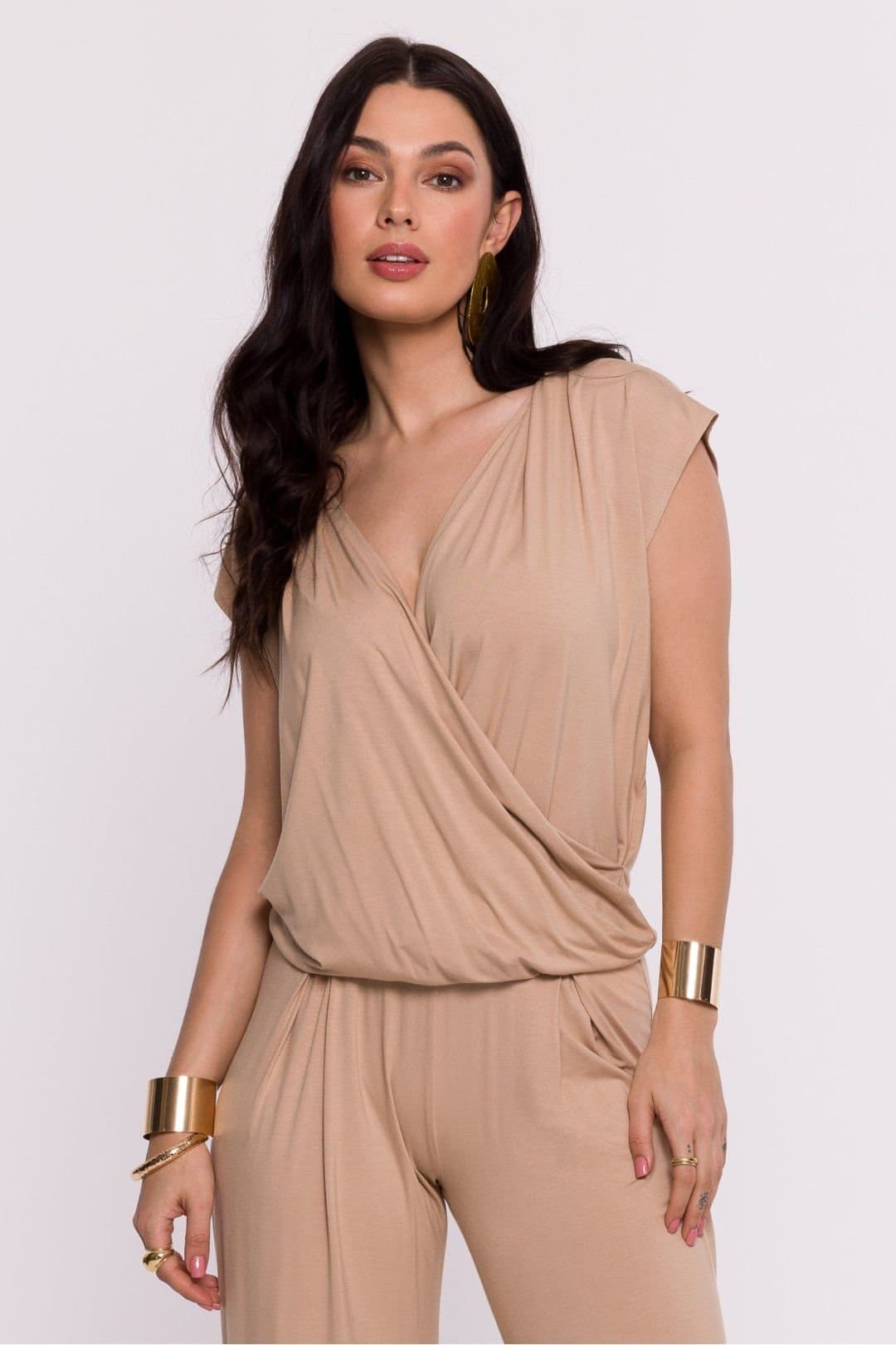 Love Lace Love Lace Women's Viscose Knit Envelope Blouse with Batwing Sleeves Style 193663 in Beige