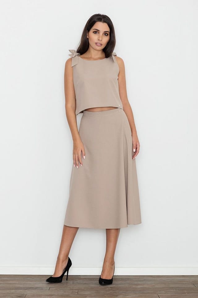 Love Lace Love Lace Women's Bow Tie Shoulder Skirt Set Mid Calf in Beige - 2