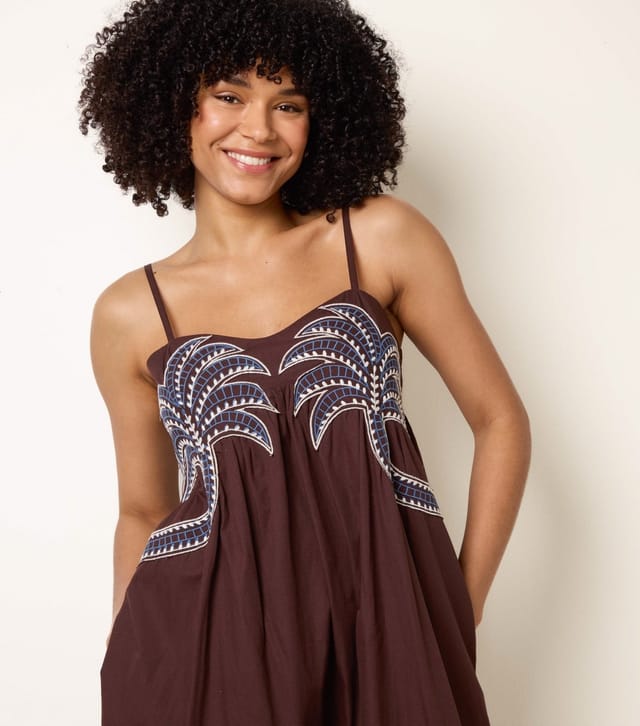 Blue Vanilla Women's Dark Brown Palm Tree Embroidered Midi Smock Dress Blue Vanilla New Look - 2